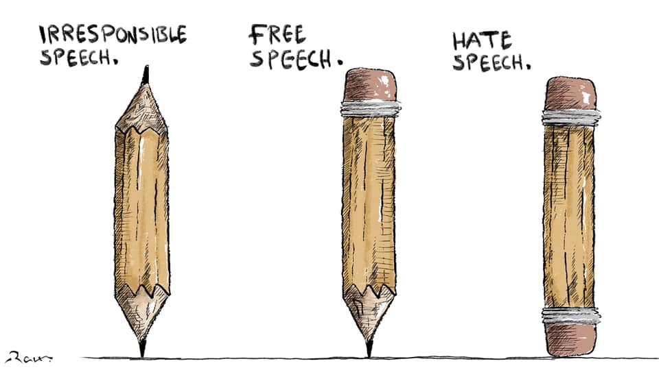 Political cartoon by Rafat Alkhatib, “Hate Speech vs Free Speech”, 23 October 2020.