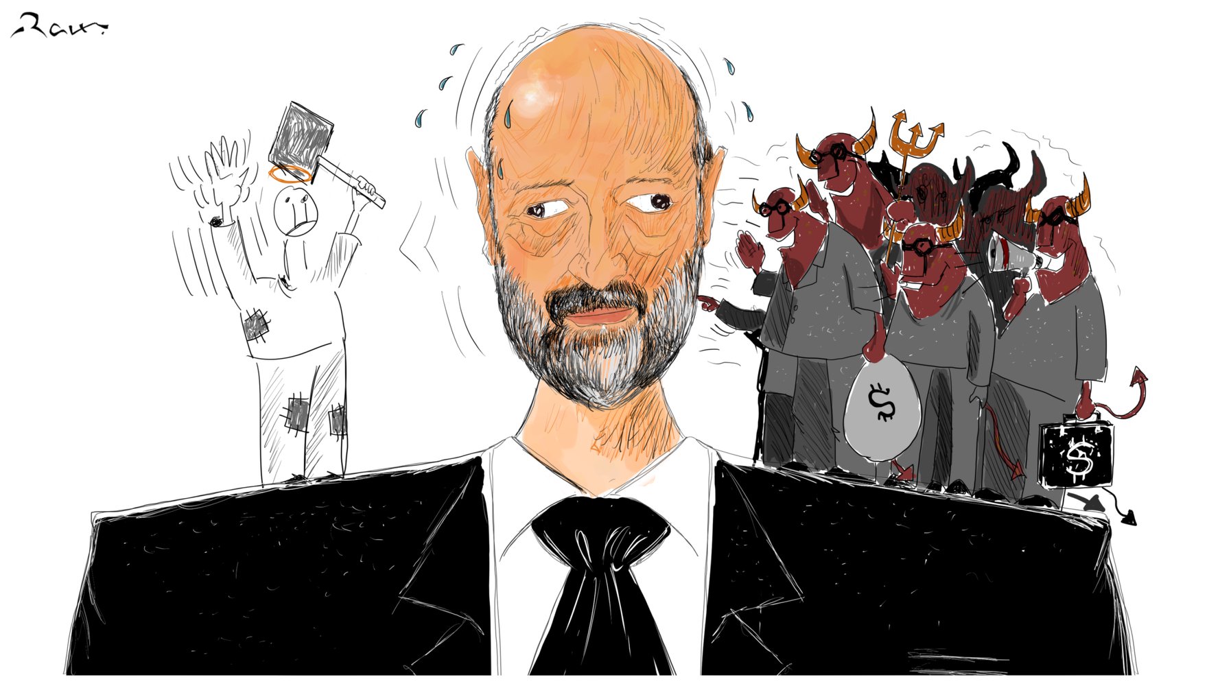 Political cartoon by Rafat Alkhatib, “High hopes on Al Razzaz”, 9 June 2018.