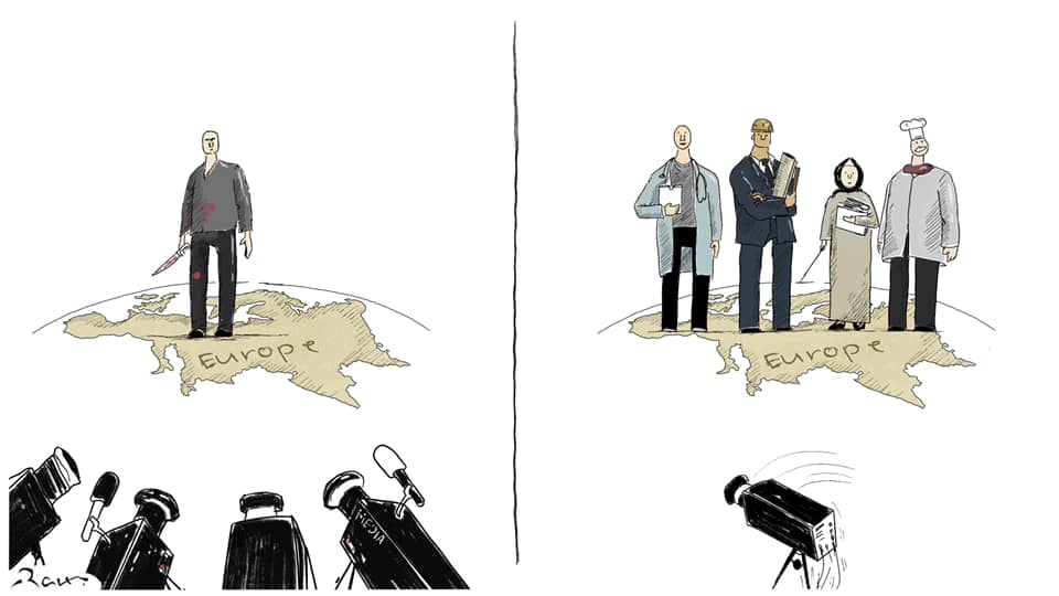 Political cartoon by Rafat Alkhatib, “Highlighting immigrants in Europe”, 29 October 2020.
