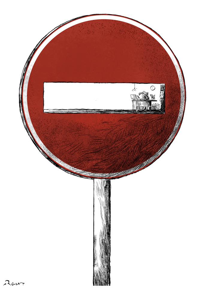 Political cartoon by Rafat Alkhatib, “I am Free!”, 27 August 2020.