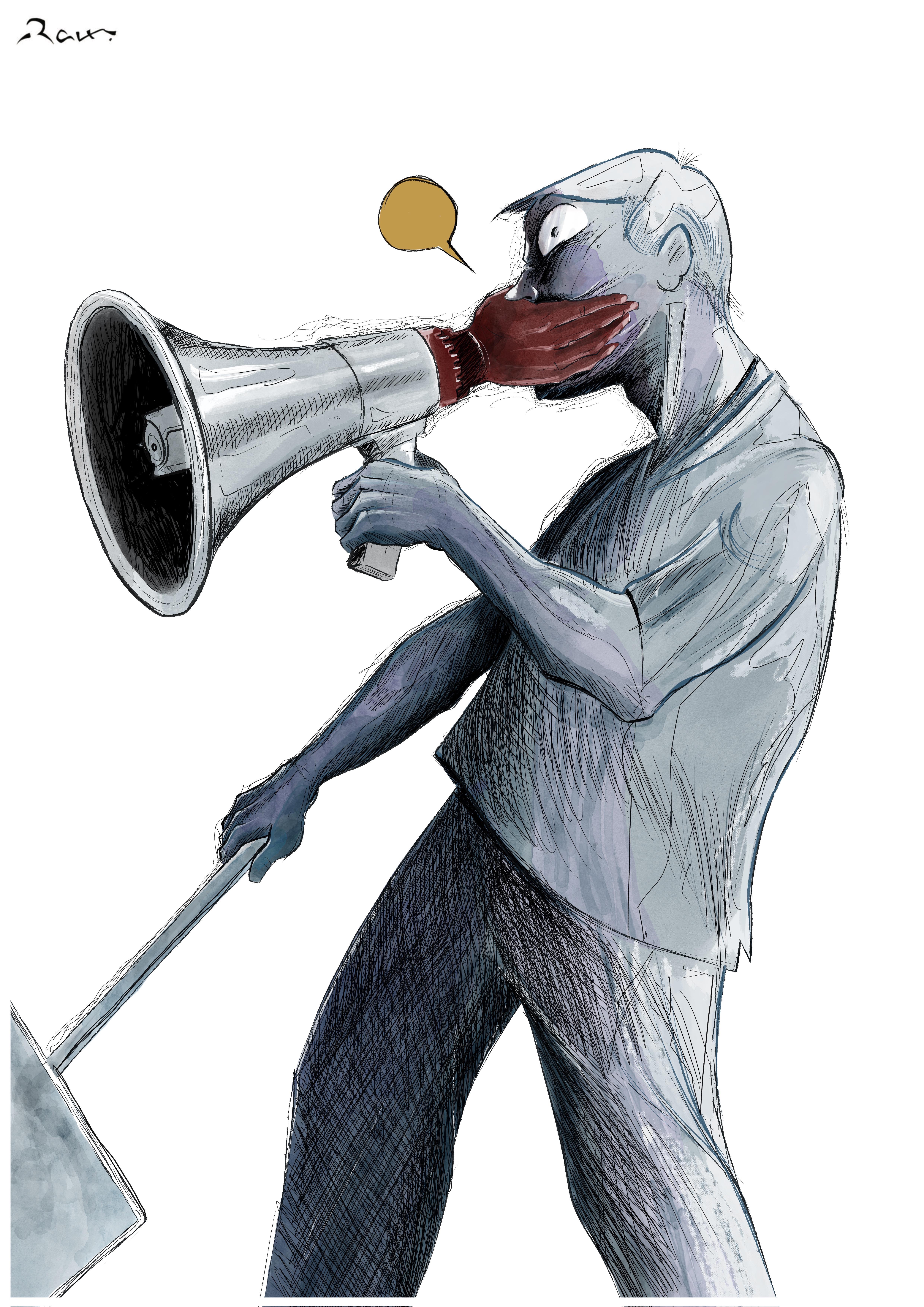 Political cartoon by Rafat Alkhatib, “I hear you”, 23 April 2023.