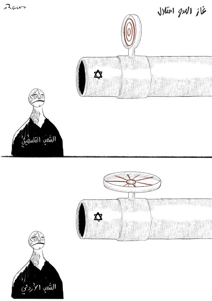 Political cartoon by Rafat Alkhatib, “Importing Israeli Gaz II”, 11 January 2020.