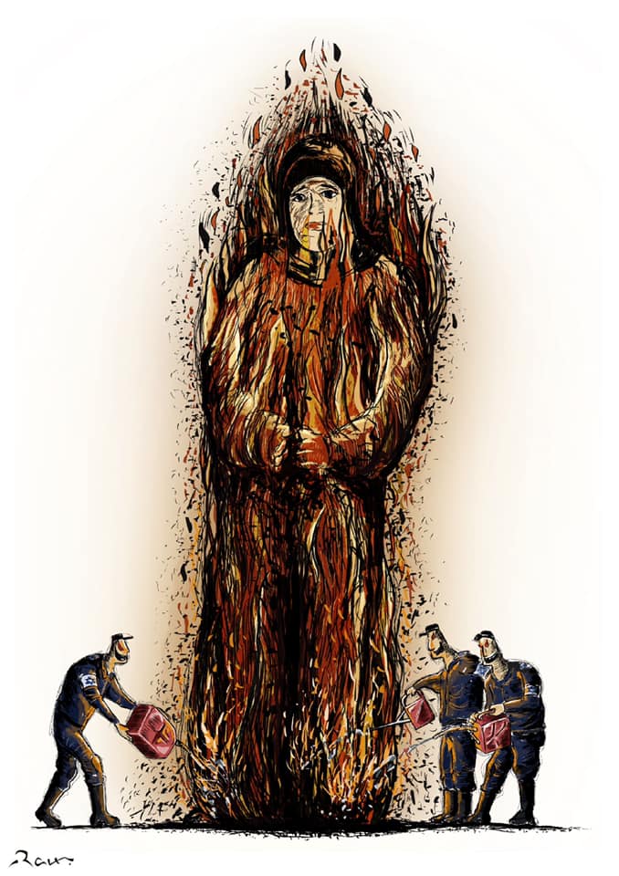 Political cartoon by Rafat Alkhatib, “Israa Jaabis”, 6 September 2021.