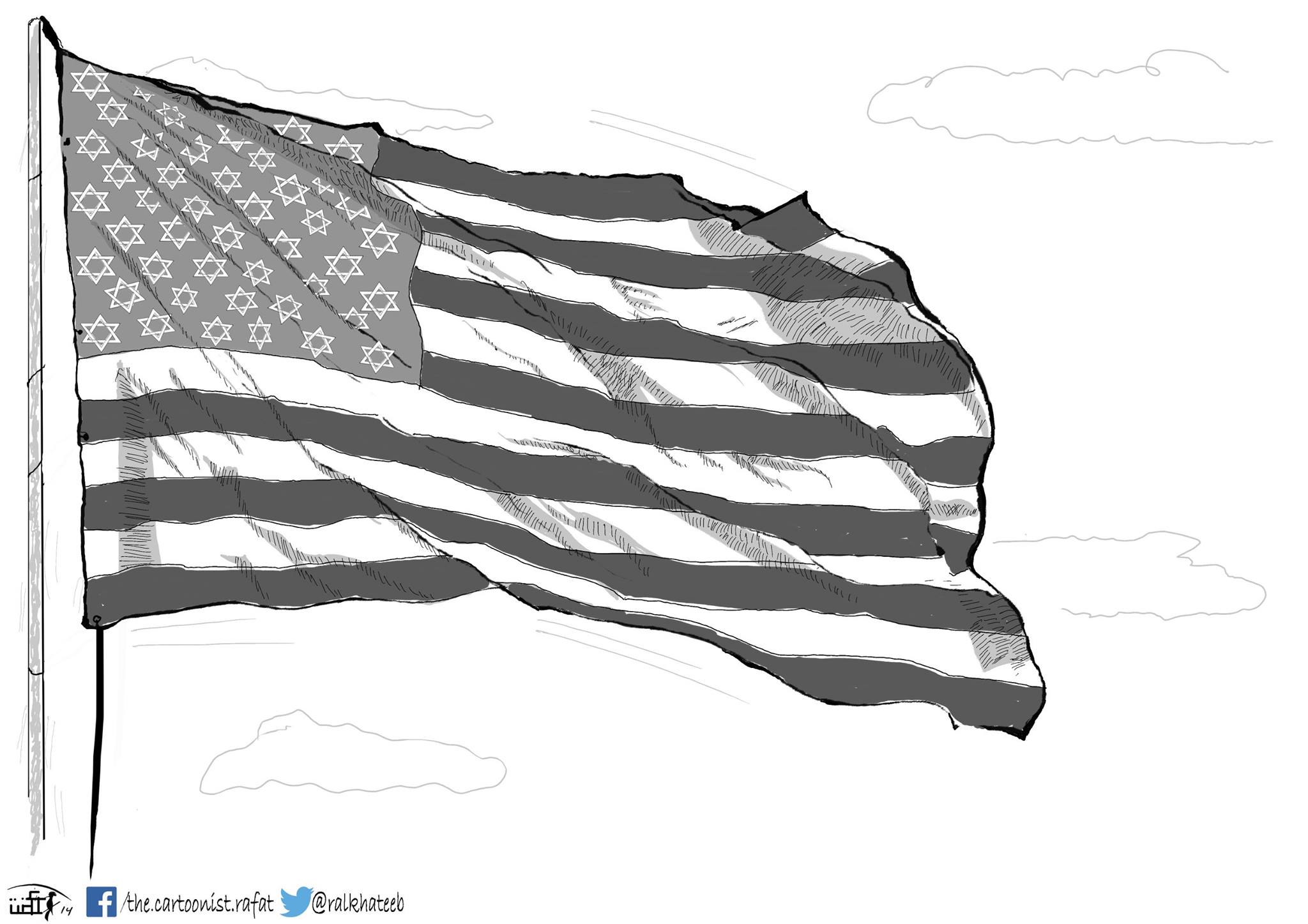 Political cartoon by Rafat Alkhatib, “Israel and The US.”, 28 April 2015.