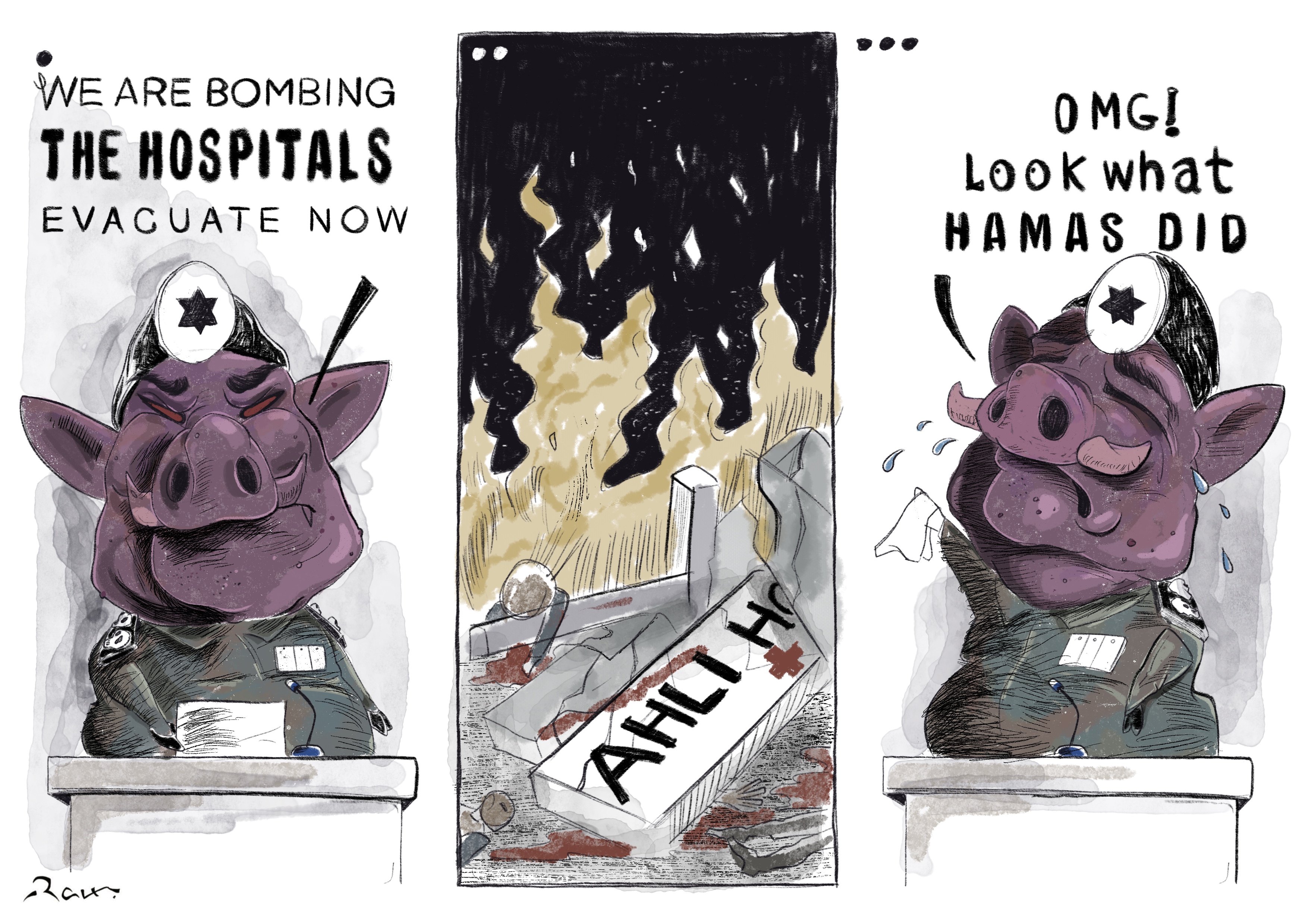 Political cartoon by Rafat Alkhatib, “Israel Lies”, 17 October 2023.