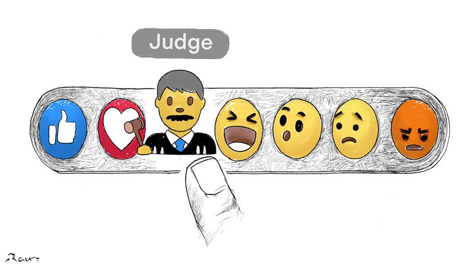 Political cartoon by Rafat Alkhatib, “Judgmental Media”, 15 June 2020.