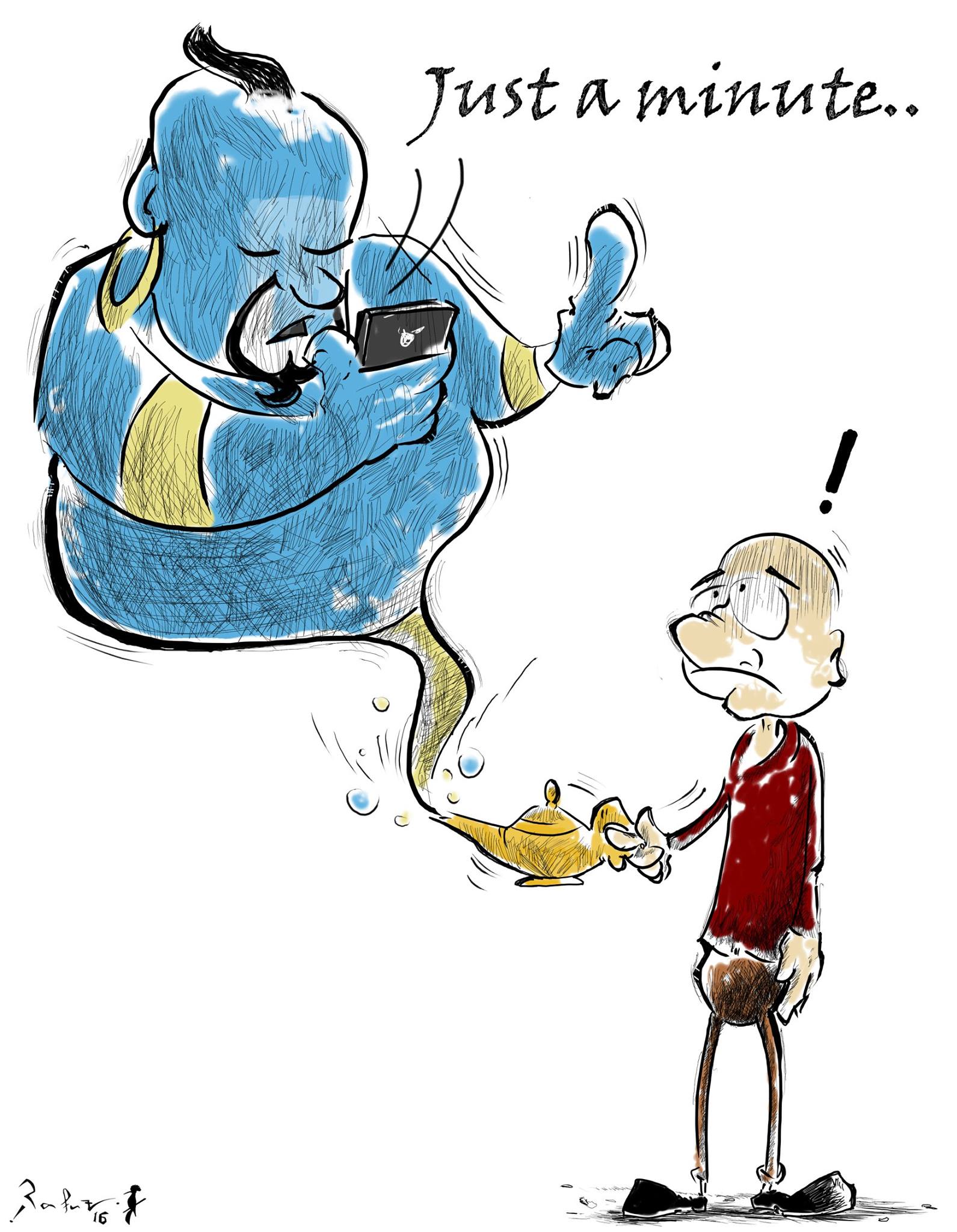 Political cartoon by Rafat Alkhatib, “Just a minute”, 15 March 2016.