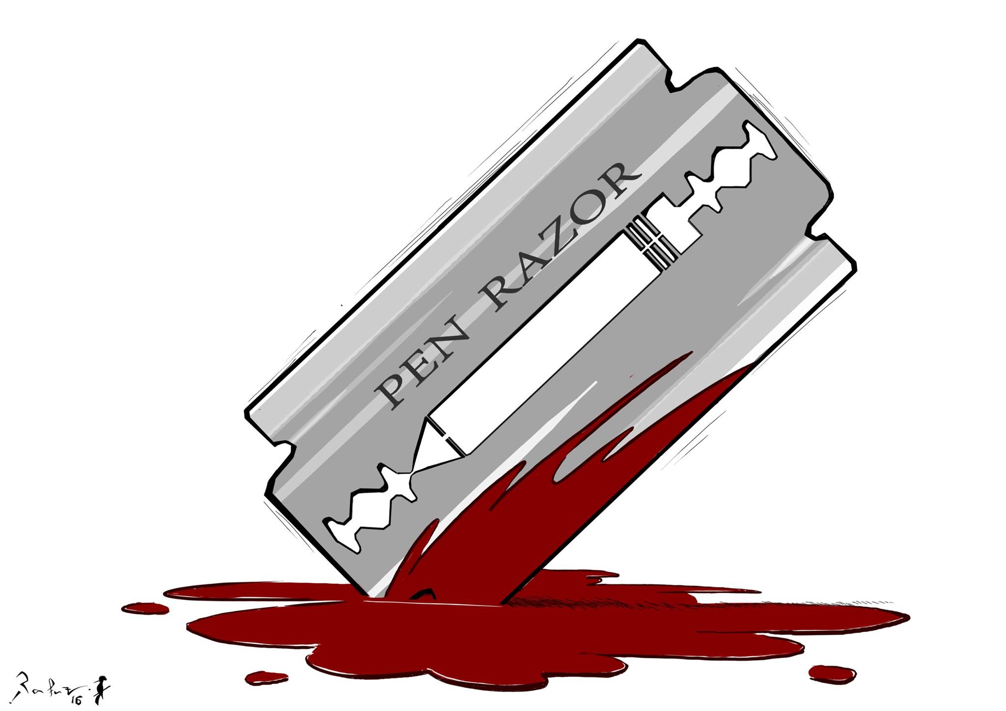 Political cartoon by Rafat Alkhatib, “Just a pen”, 17 May 2016.
