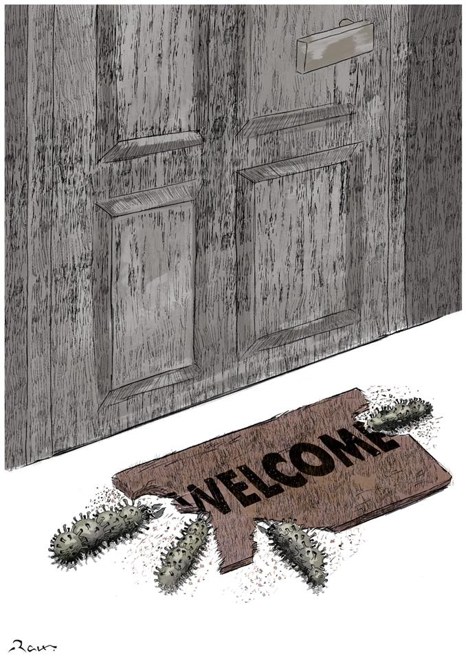 Political cartoon by Rafat Alkhatib, “keep a distance!”, 27 March 2020.