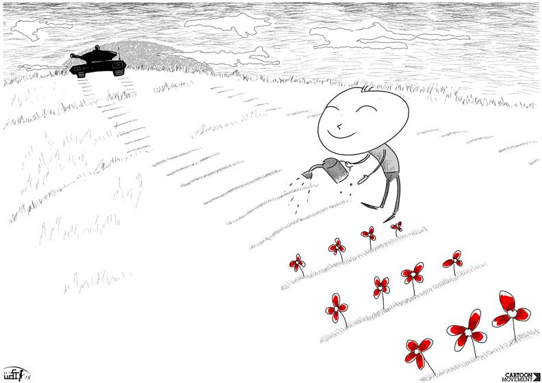 Political cartoon by Rafat Alkhatib, “Kids and Wars”, 14 August 2015.