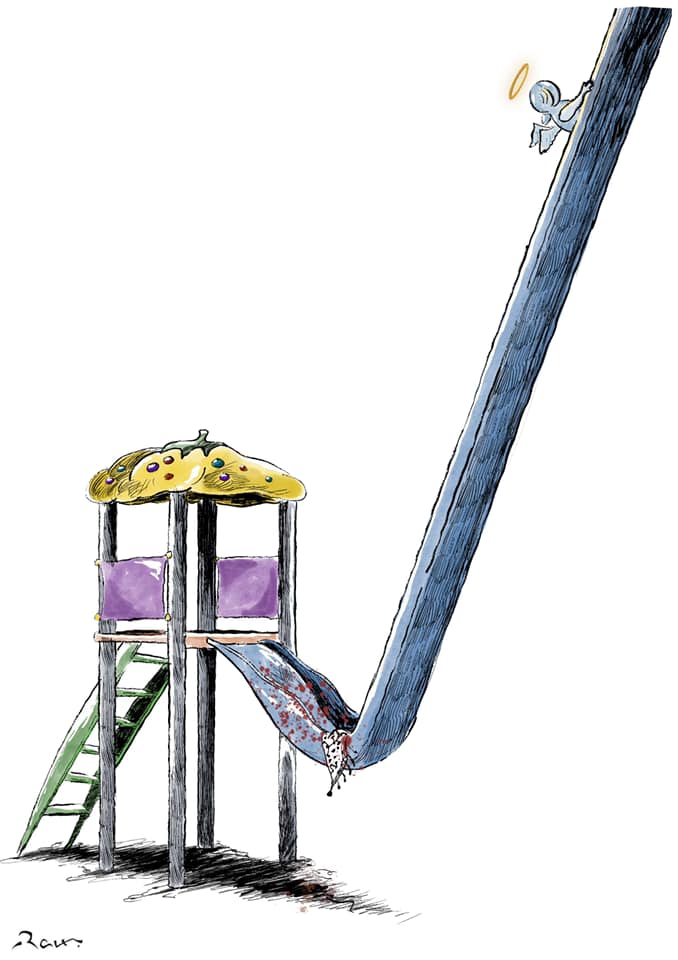 Political cartoon by Rafat Alkhatib, “Kids in Gaza”, 15 May 2021.