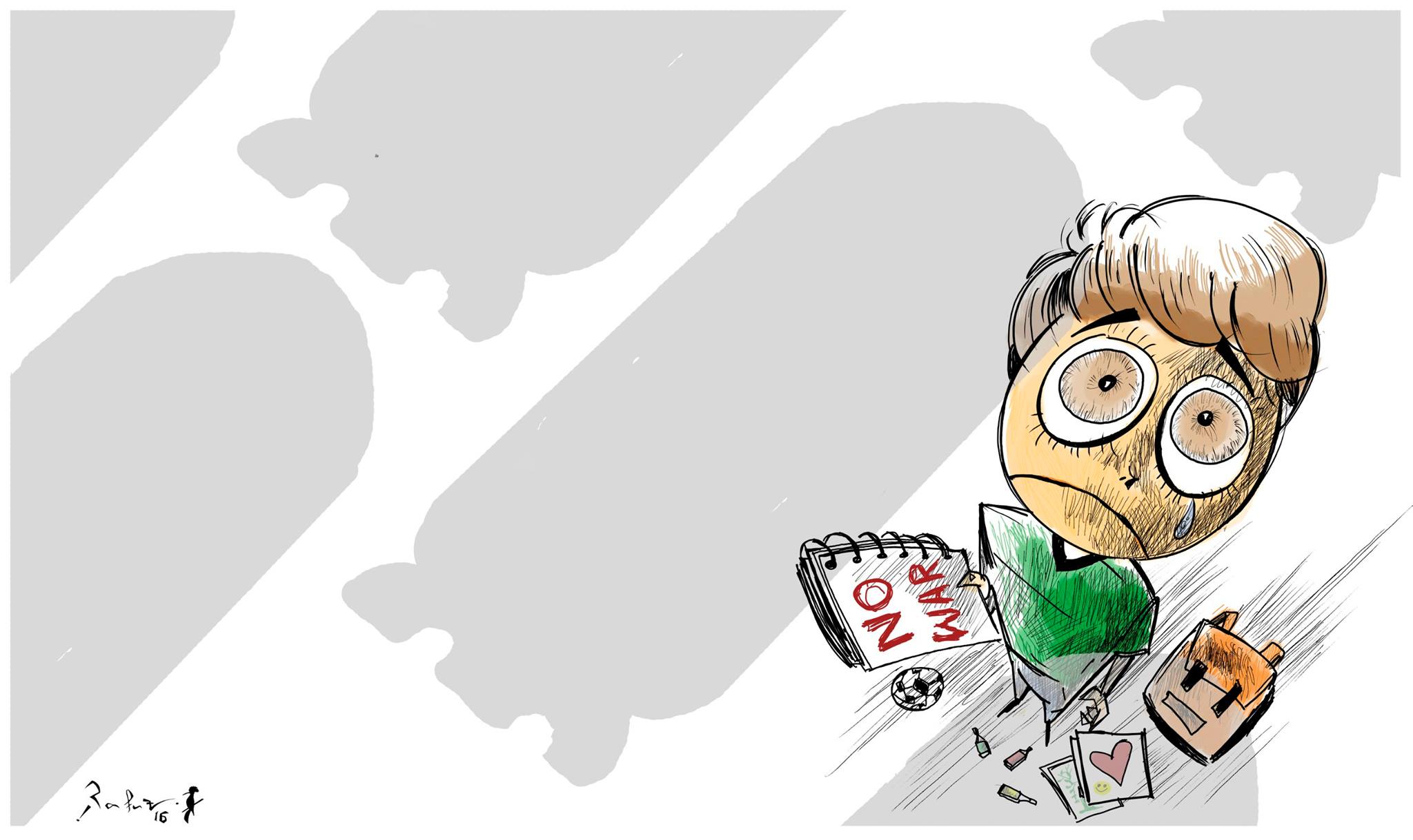 Political cartoon by Rafat Alkhatib, “Kids in the times of war”, 20 December 2016.