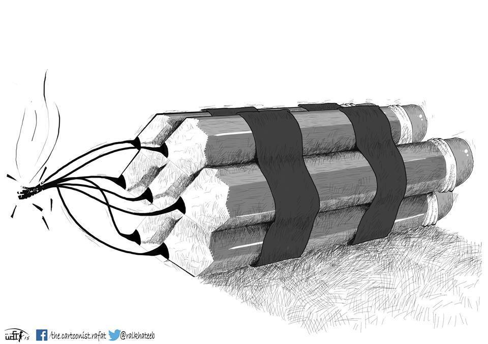 Political cartoon by Rafat Alkhatib, “Knowledge Power”, 18 May 2015.