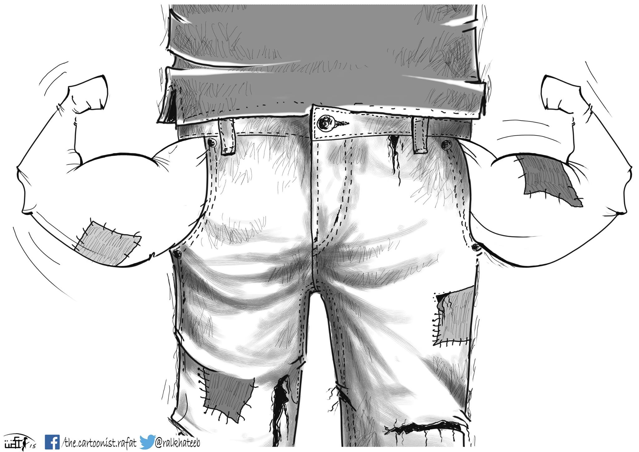 Political cartoon by Rafat Alkhatib, “Labor Day”, 8 April 2015.