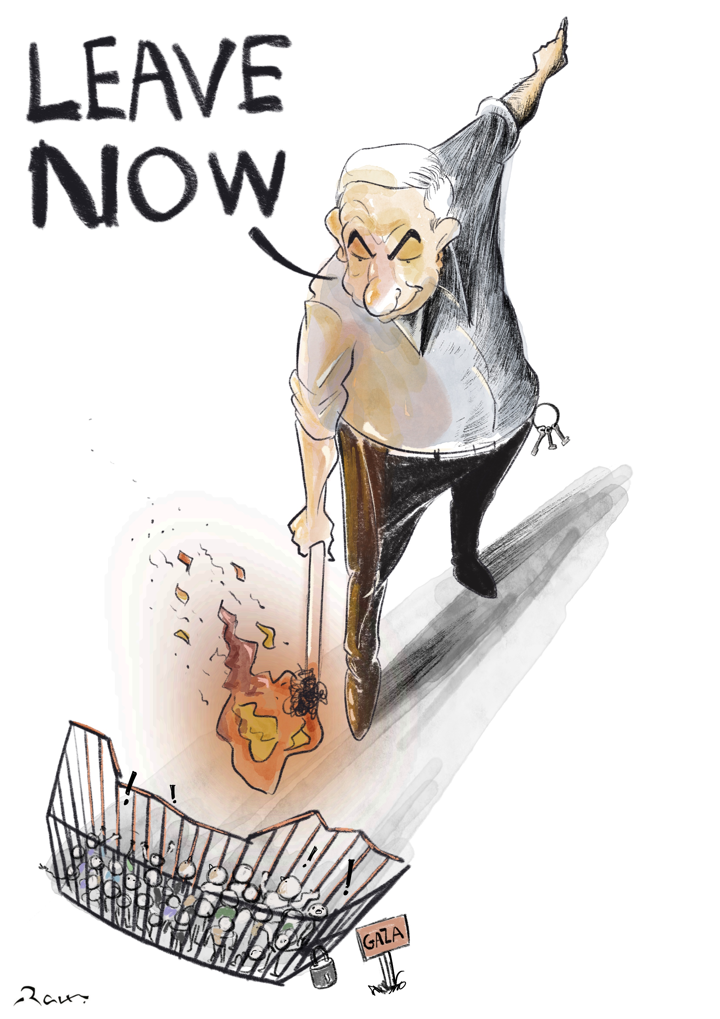 Political cartoon by Rafat Alkhatib, “Leave now”, 8 October 2023.
