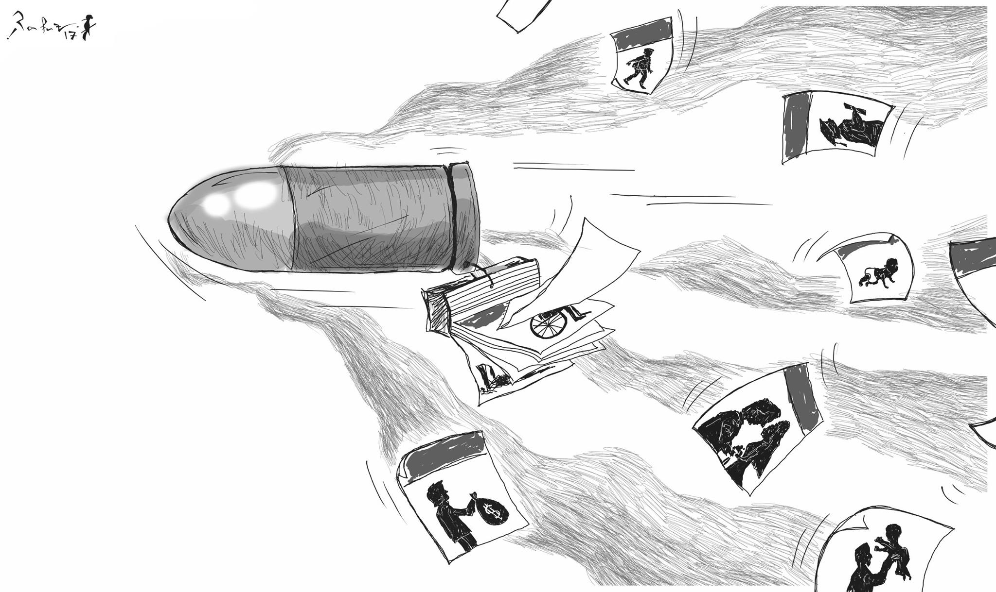 Political cartoon by Rafat Alkhatib, “Like a Bullet”, 10 January 2017.