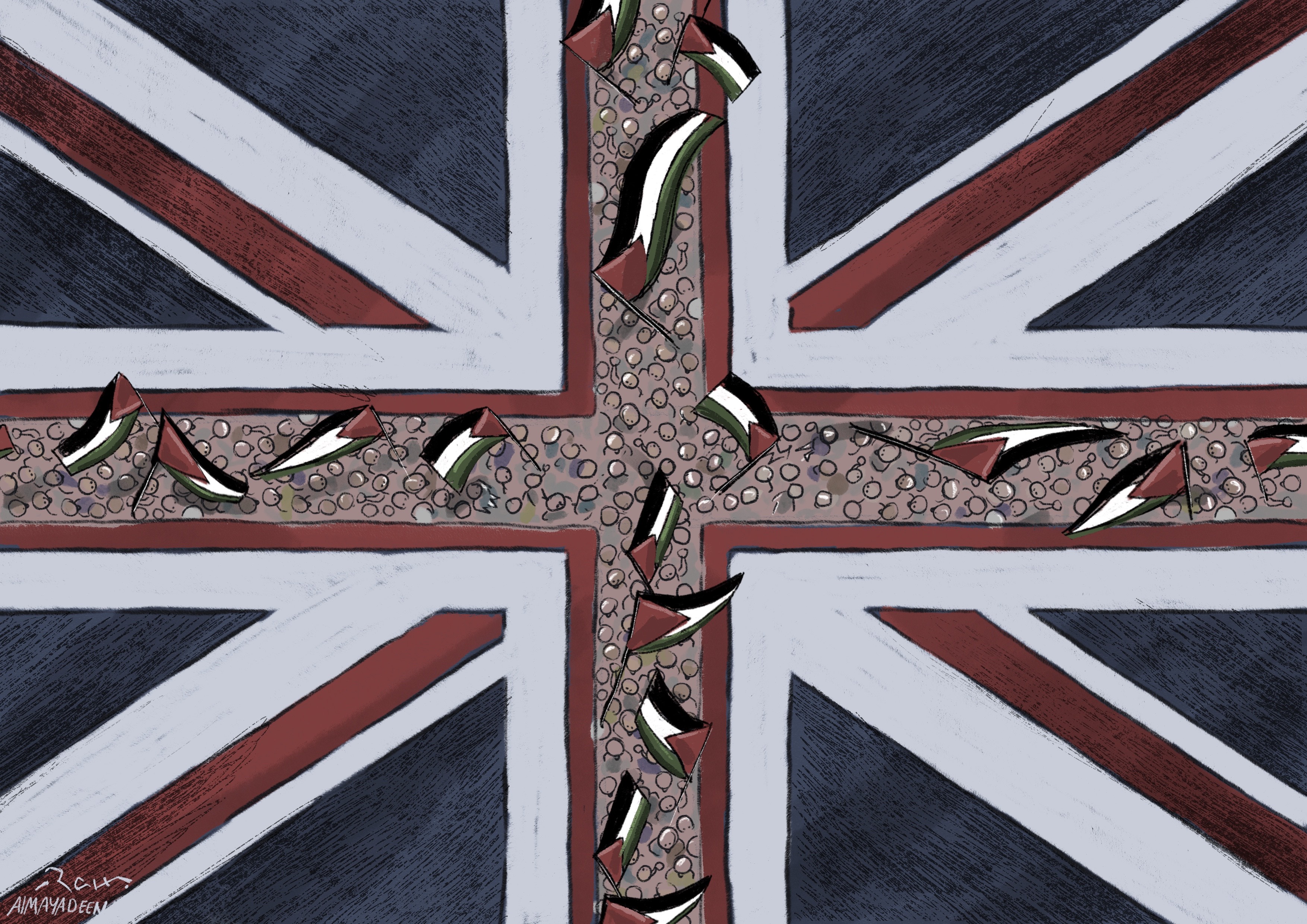 Political cartoon by Rafat Alkhatib, “London Marches for Paelstine”, 28 October 2023.