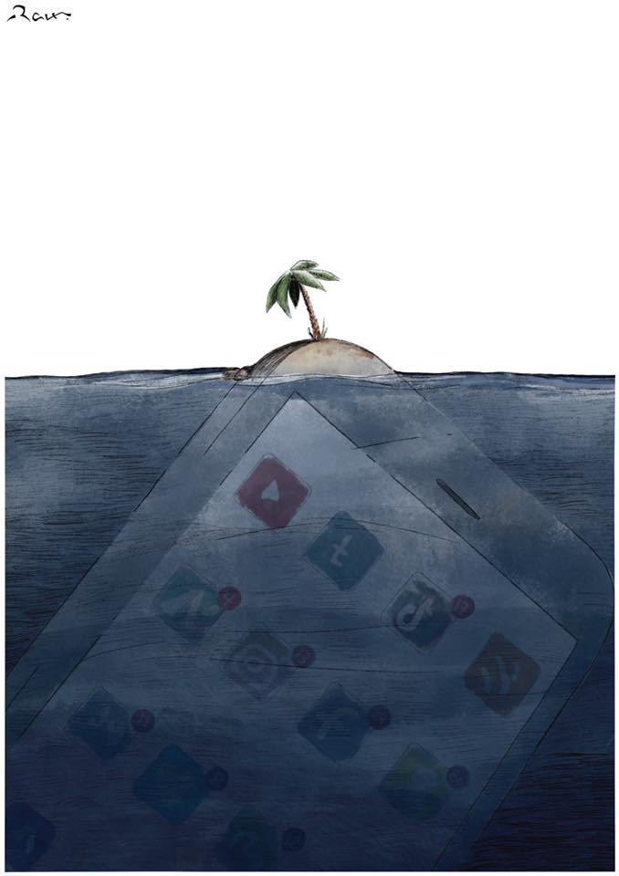 Political cartoon by Rafat Alkhatib, “Lonely in Social Media”, 23 December 2019.