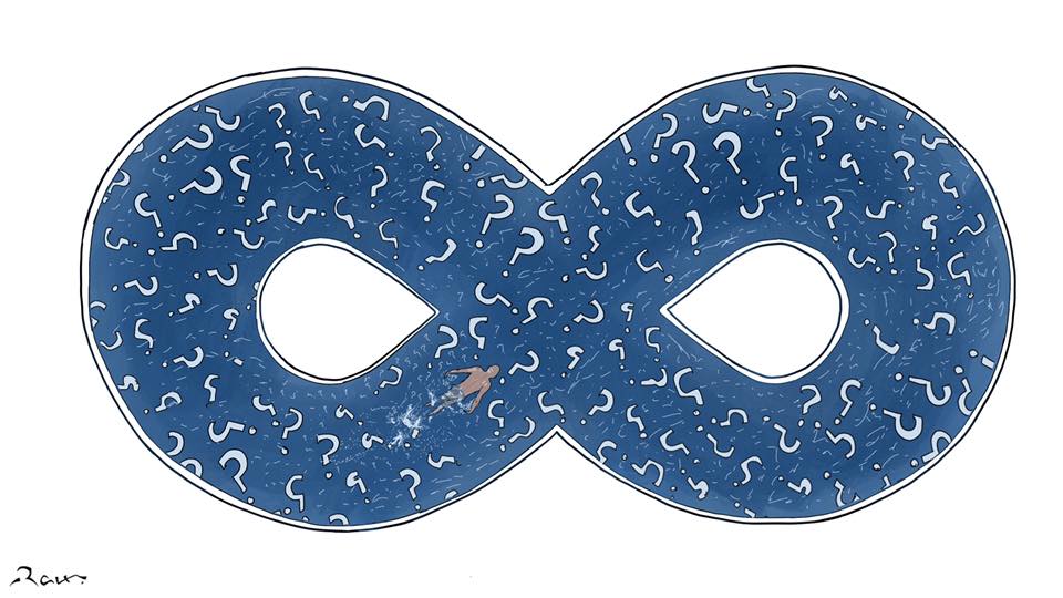 Political cartoon by Rafat Alkhatib, “Looking for answers”, 13 October 2019.