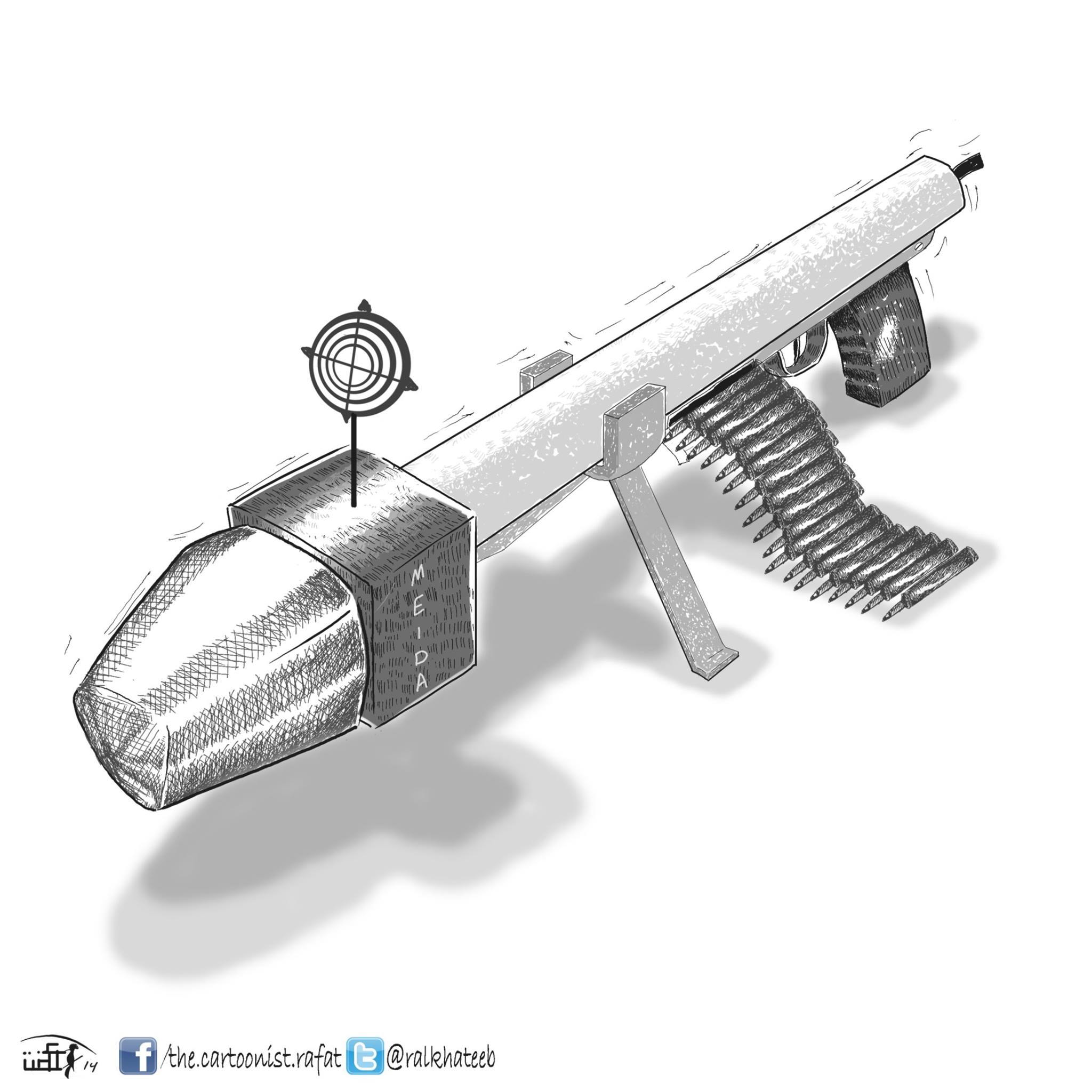 Political cartoon by Rafat Alkhatib, “Media Attacks”, 21 July 2014.