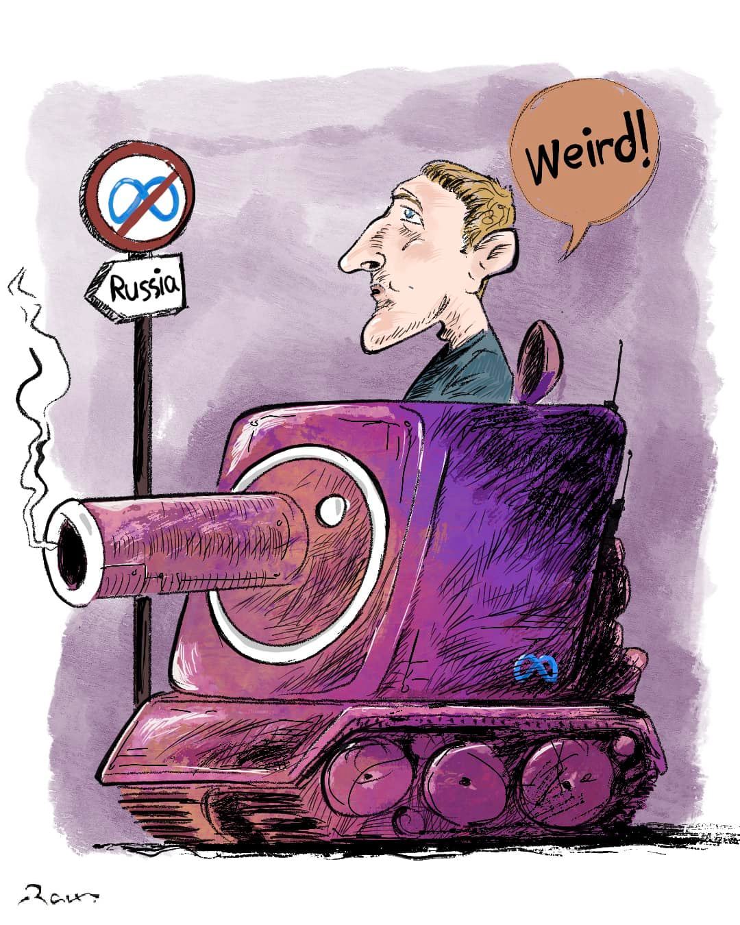 Political cartoon by Rafat Alkhatib, “Meta ban in Russia”, 16 March 2022.