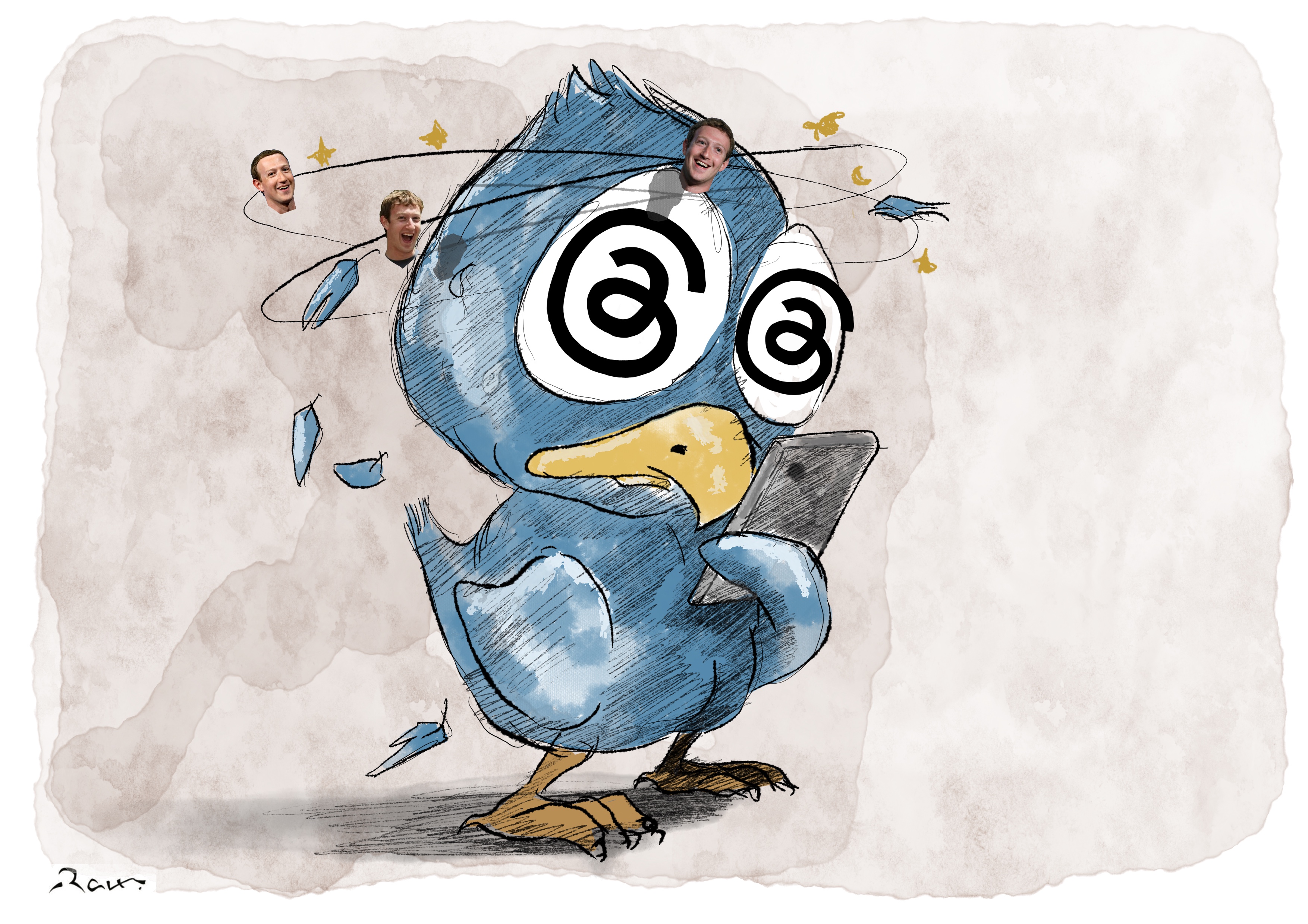Political cartoon by Rafat Alkhatib, “Meta Threads”, 6 July 2023.