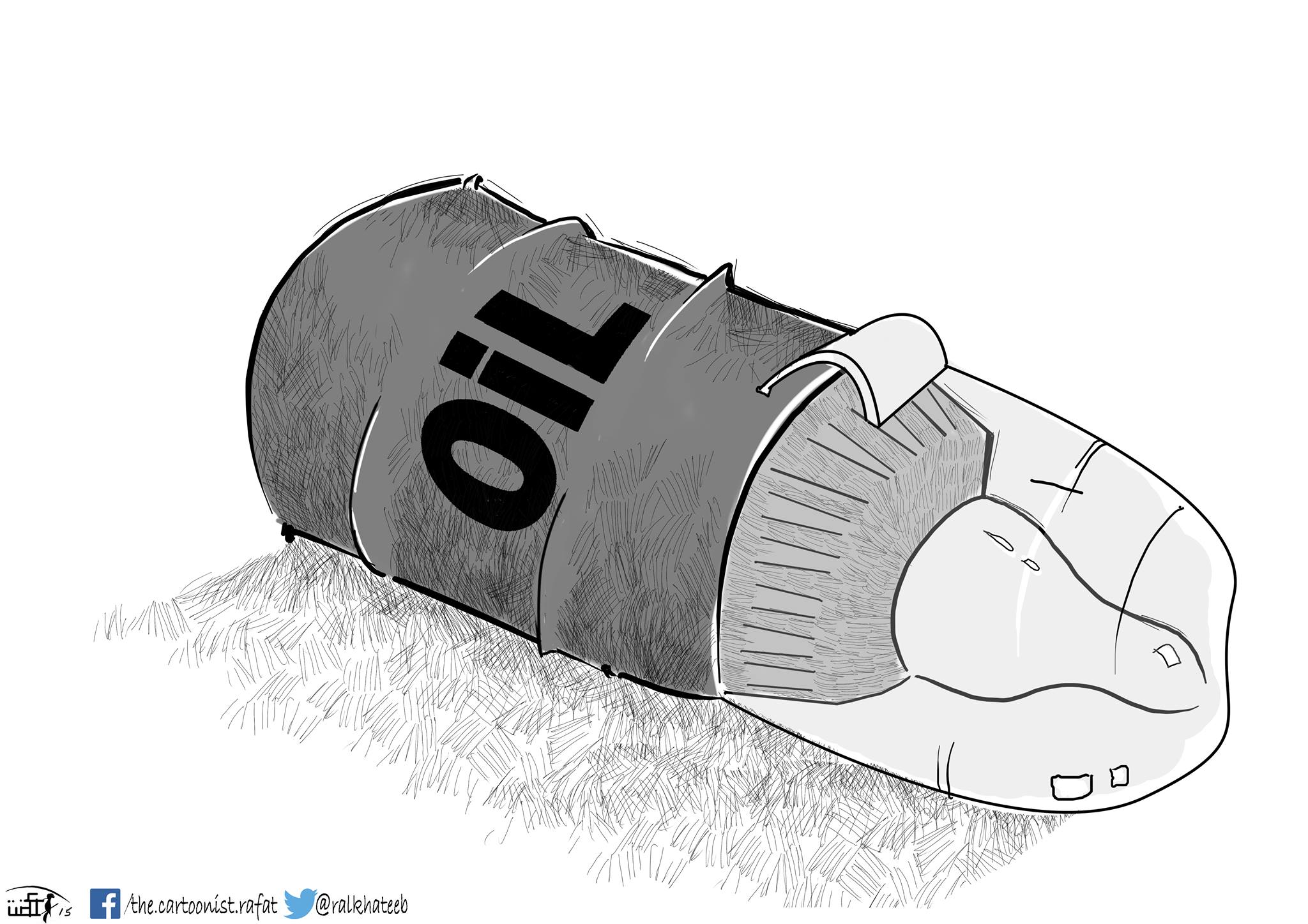 Political cartoon by Rafat Alkhatib, “Milky Oil”, 6 September 2015.
