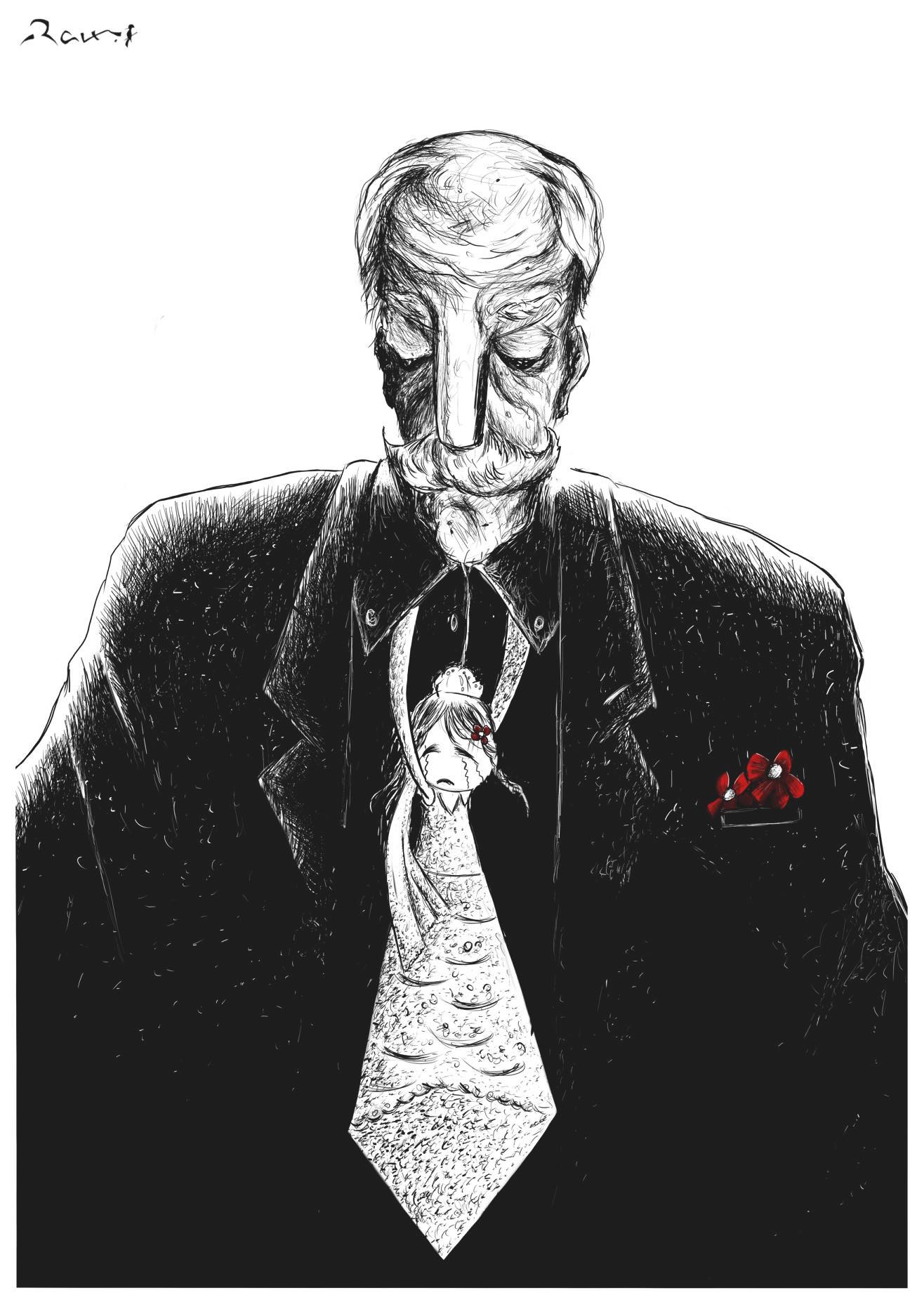 Political cartoon by Rafat Alkhatib, “Child Brides”, 16 February 2018.