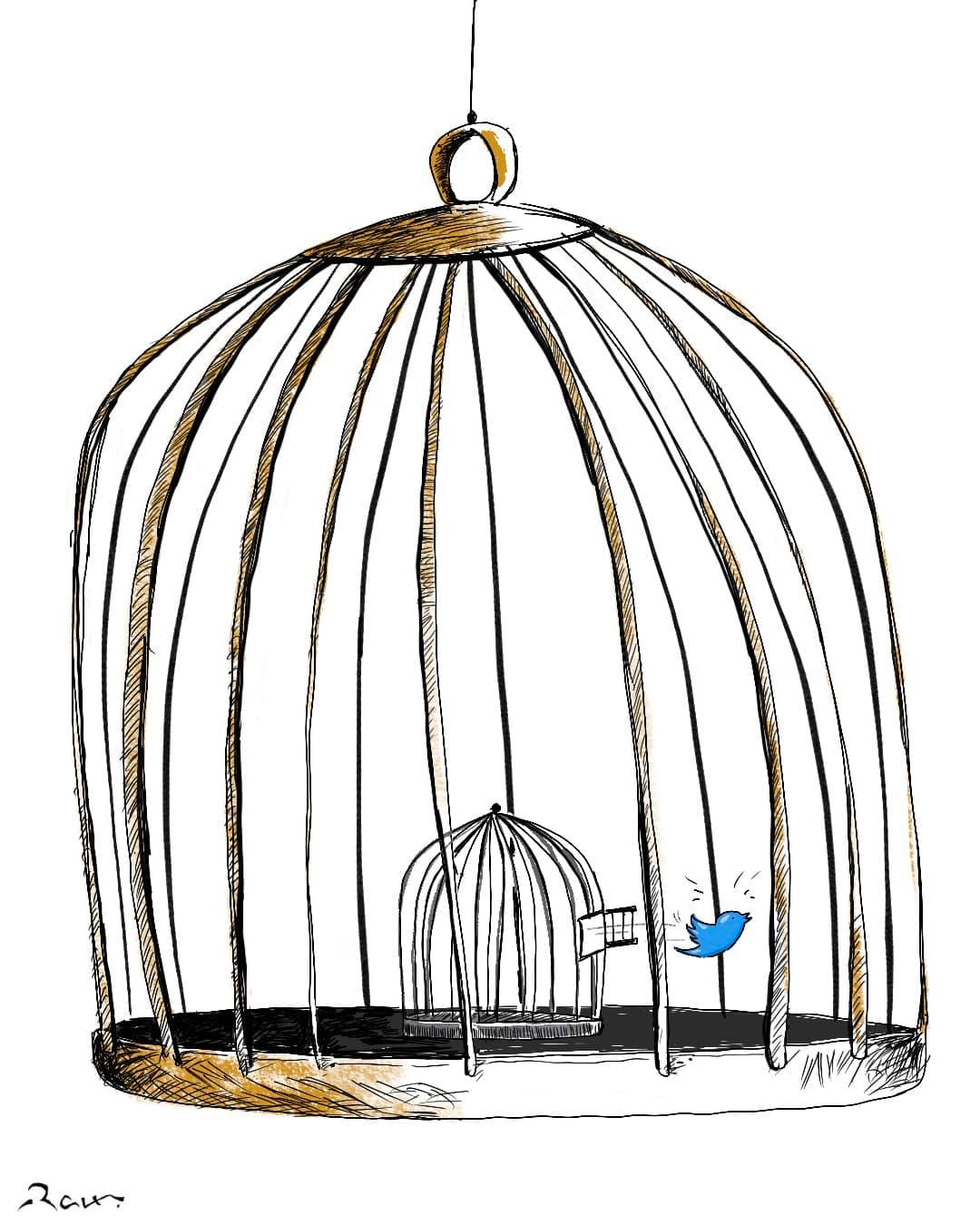 Political cartoon by Rafat Alkhatib, “Musk plans to buy Twitter”, 30 April 2022.