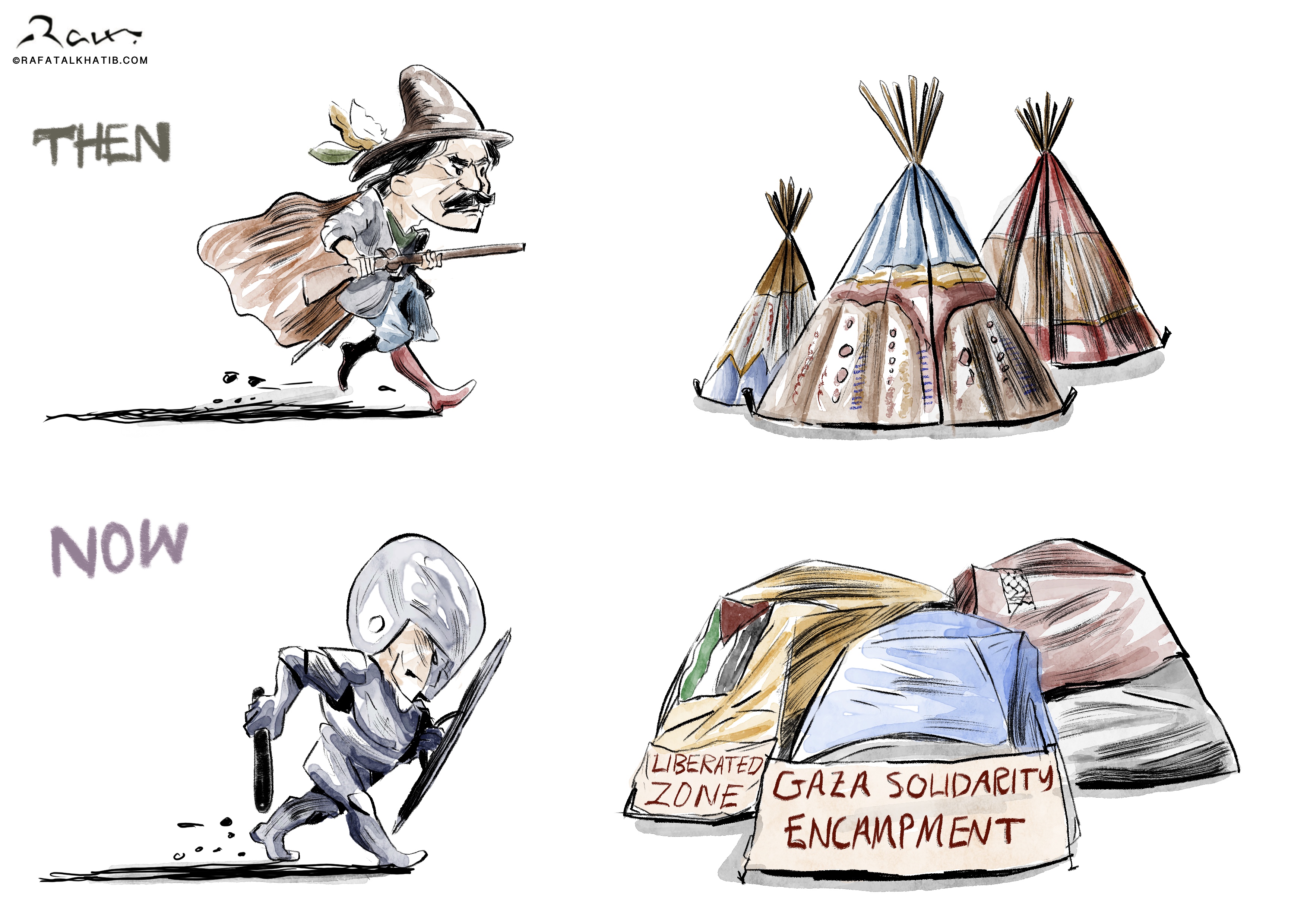 Cartoon showing a comparison between two eras: the top panel labeled ‘Then’ features a Native American warrior with traditional teepees, and the bottom panel labeled ‘Now’ shows students at UCLA protesting with Gaza solidarity tents. The illustration highlights the ongoing struggle for justice and solidarity across time.
