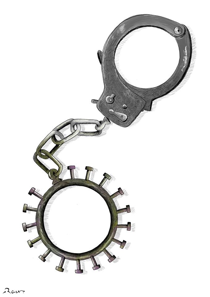 Political cartoon by Rafat Alkhatib, “New prison”, 21 March 2020.