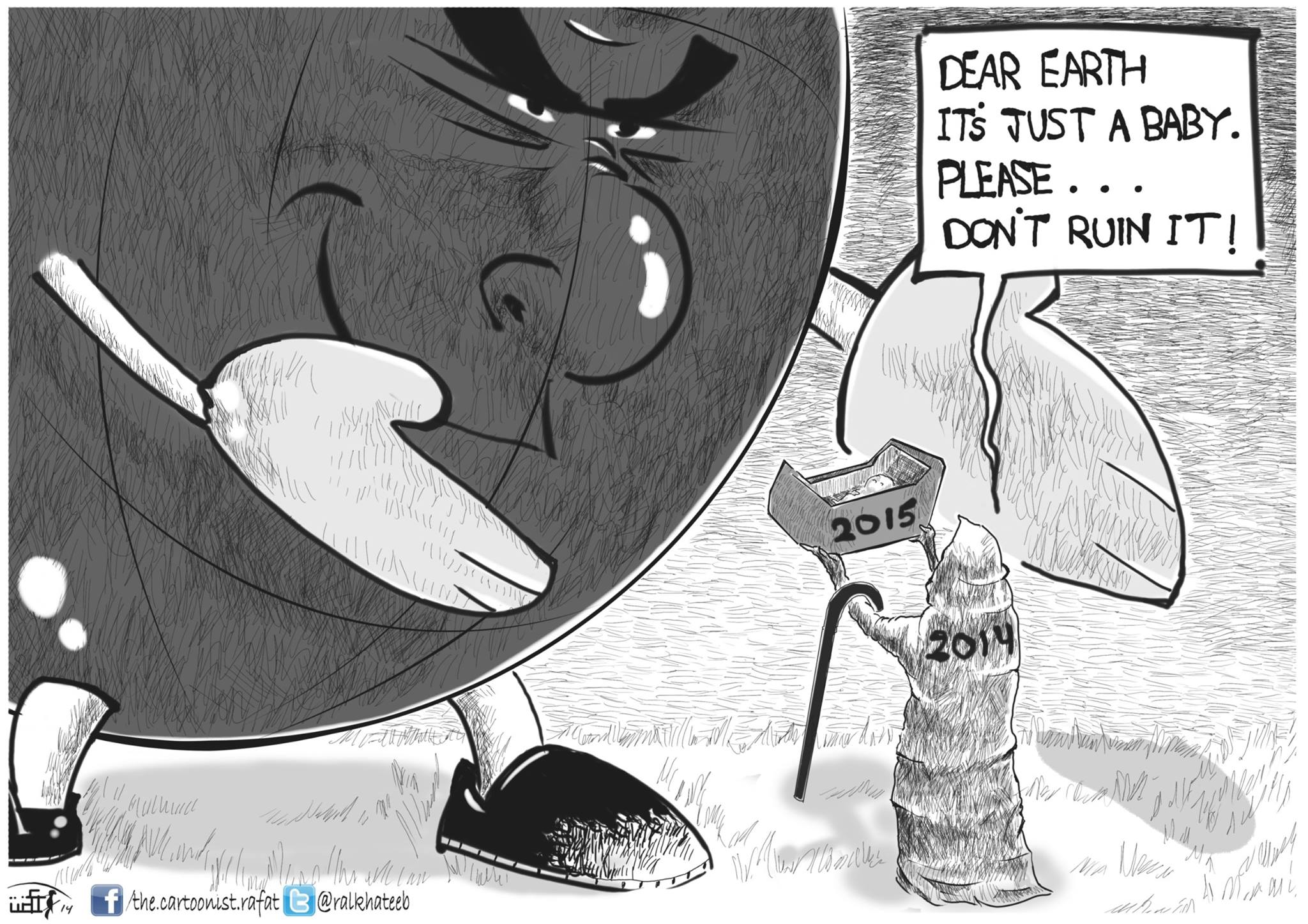 Political cartoon by Rafat Alkhatib, “New Year 2015”, 31 December 2015.