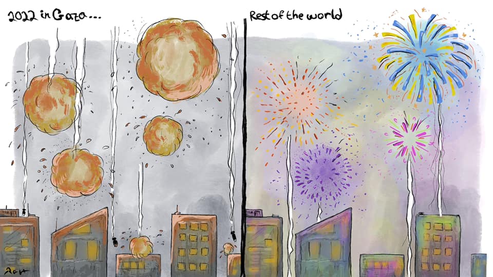 Political cartoon by Rafat Alkhatib, “New year in Gaza”, 2 January 2022.