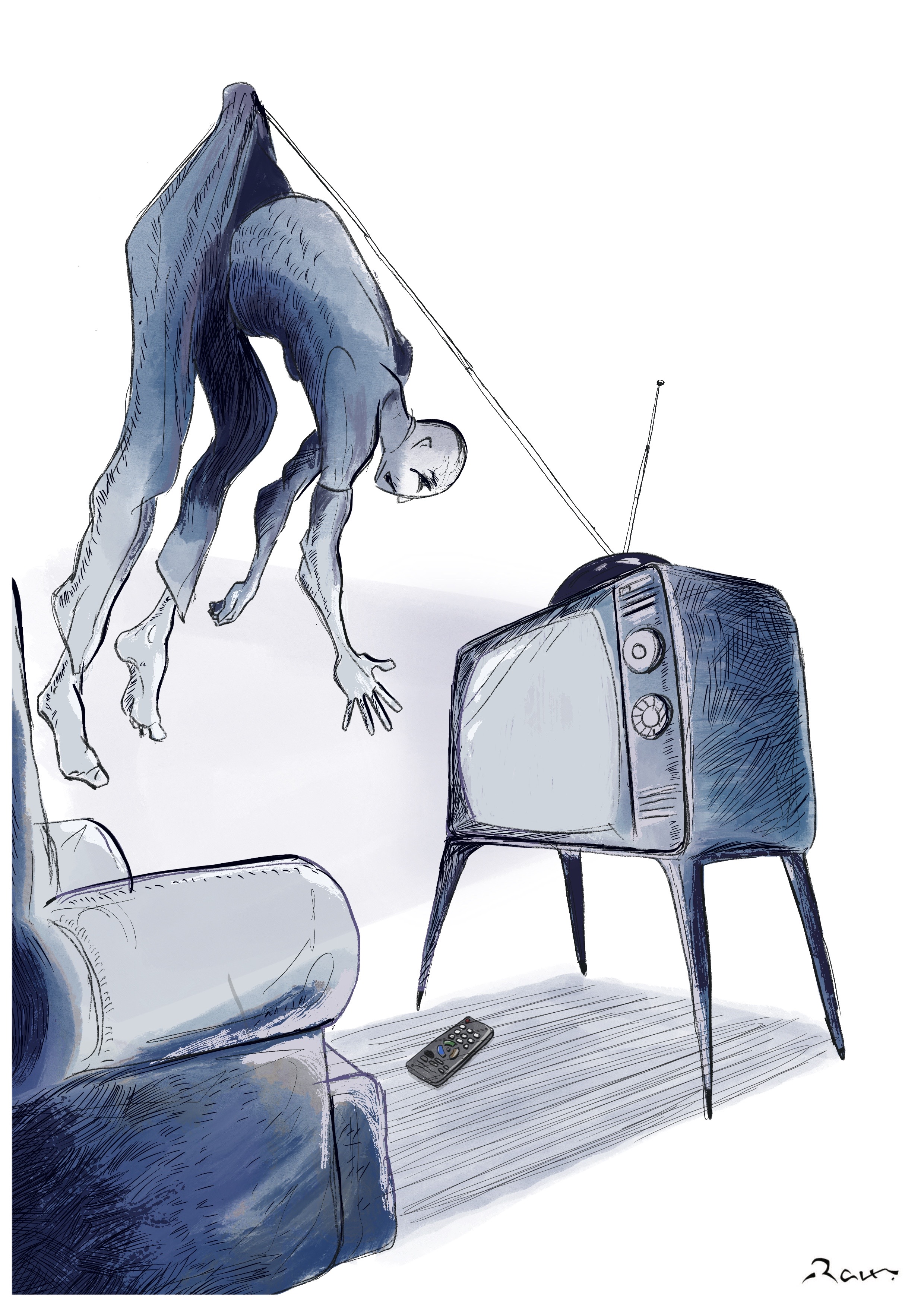 Political cartoon by Rafat Alkhatib, “Non Remote Control”, 12 April 2023.