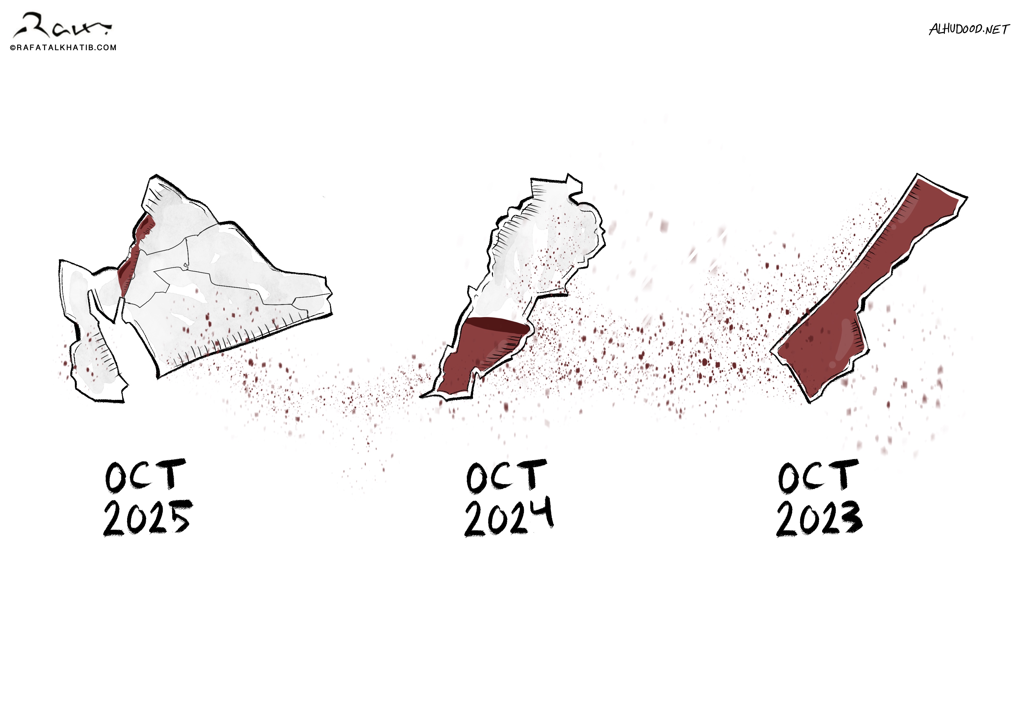 Political cartoon showing maps of Gaza in 2023, Lebanon in 2024, and a future expansion towards ‘Greater Israel’ in 2025. The illustration uses dark humor to comment on the ongoing conflicts and the potential escalation of Israeli military ambitions, marked by significant events in October