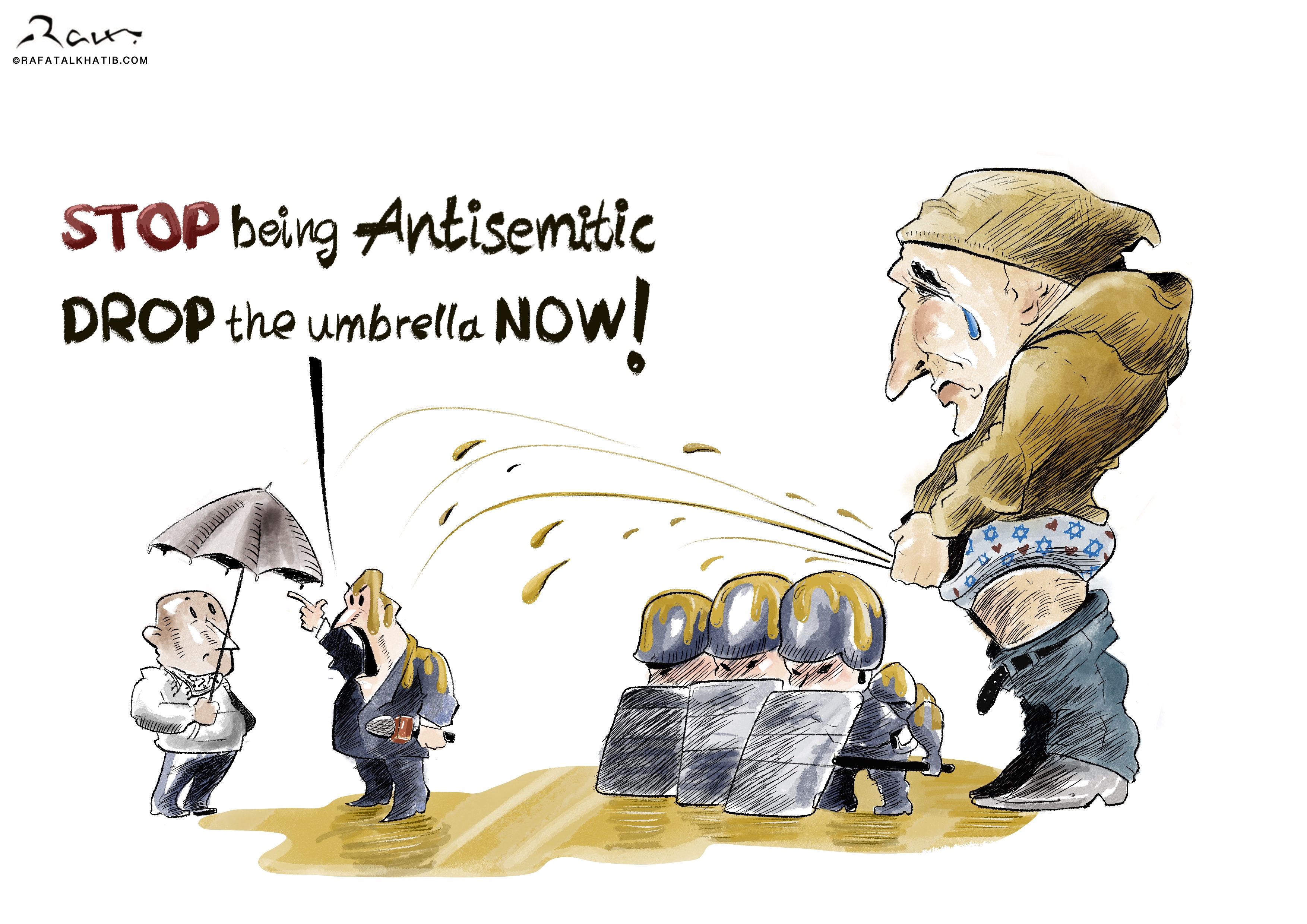 Satirical cartoon showing a police confrontation with a protestor, symbolizing the aftermath of clashes in Amsterdam. The illustration highlights how Maccabi Tel Aviv hooligans, responsible for racist actions and threats, are protected by the media and police, while the retaliatory actions of Muslim youth are wrongly portrayed as aggression. The image critiques the skewed narrative surrounding the violence.