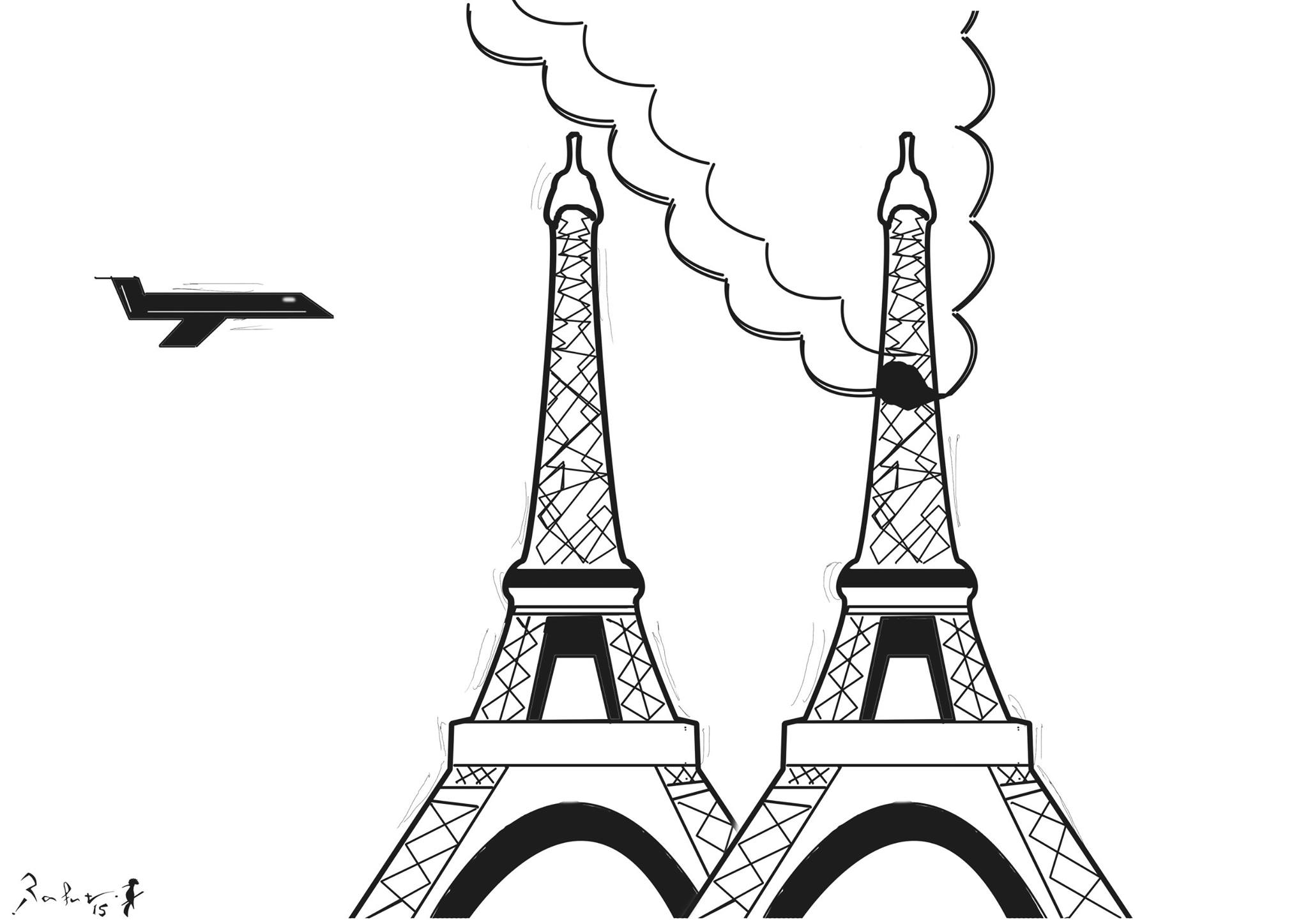 Political cartoon by Rafat Alkhatib, “Paris under Attack”, 14 November 2015.