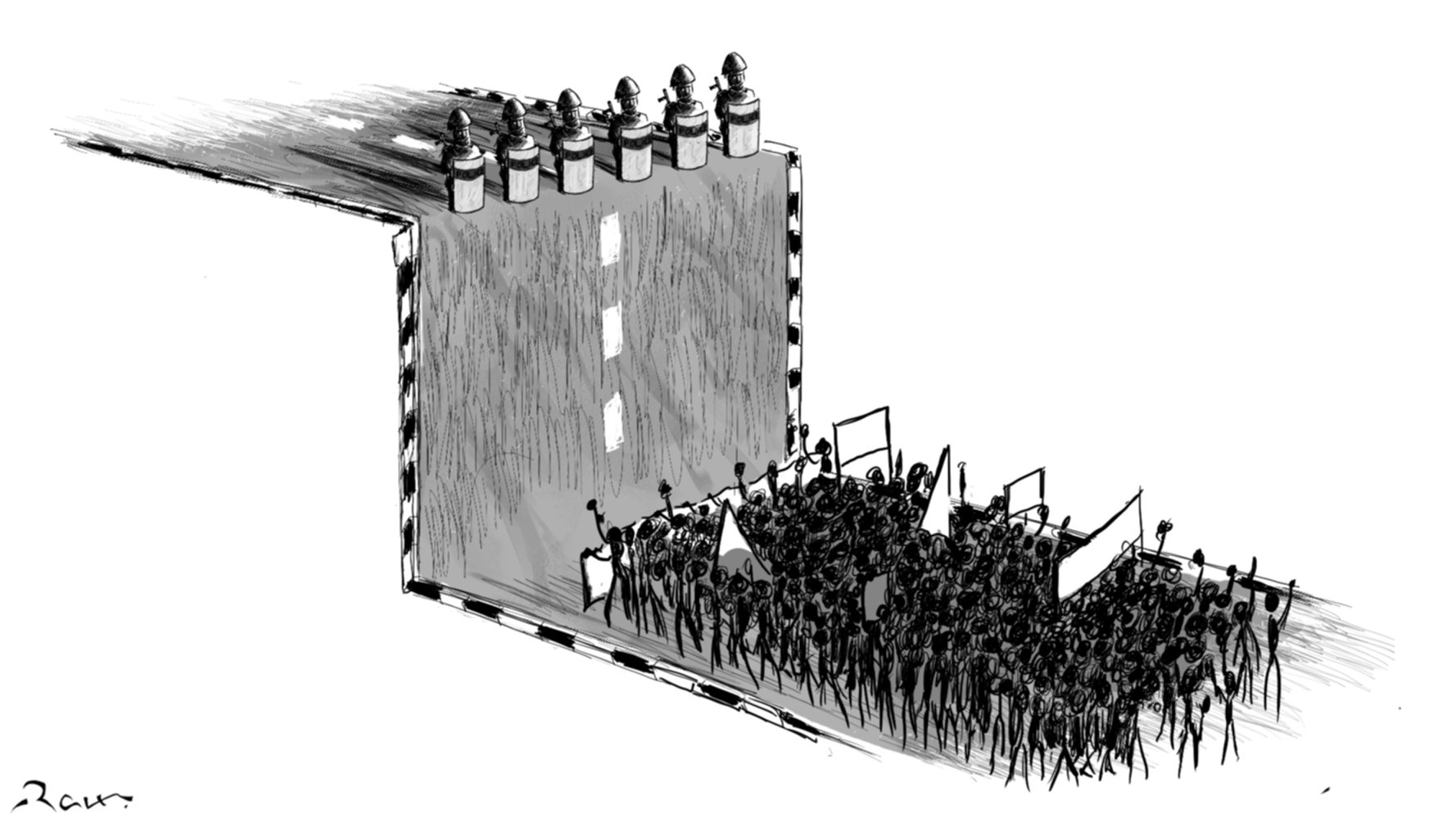 Political cartoon by Rafat Alkhatib, “People & the street”, 23 June 2018.