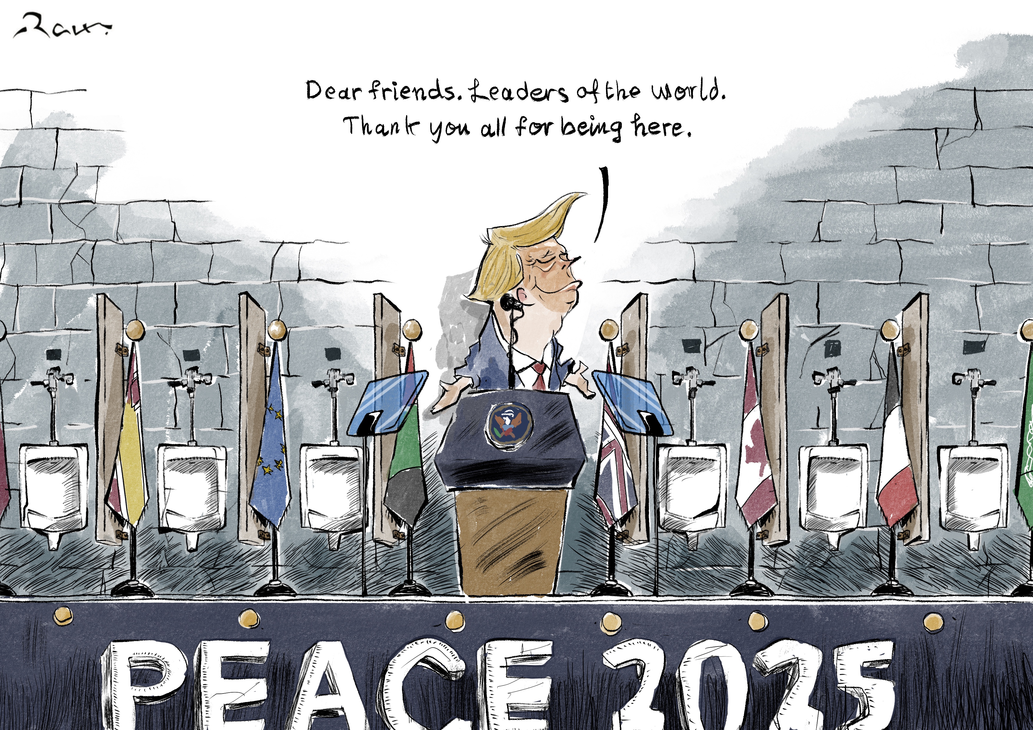 Political cartoon by Rafat Alkhatib, “Piss Plan”, 14 October 2025.
