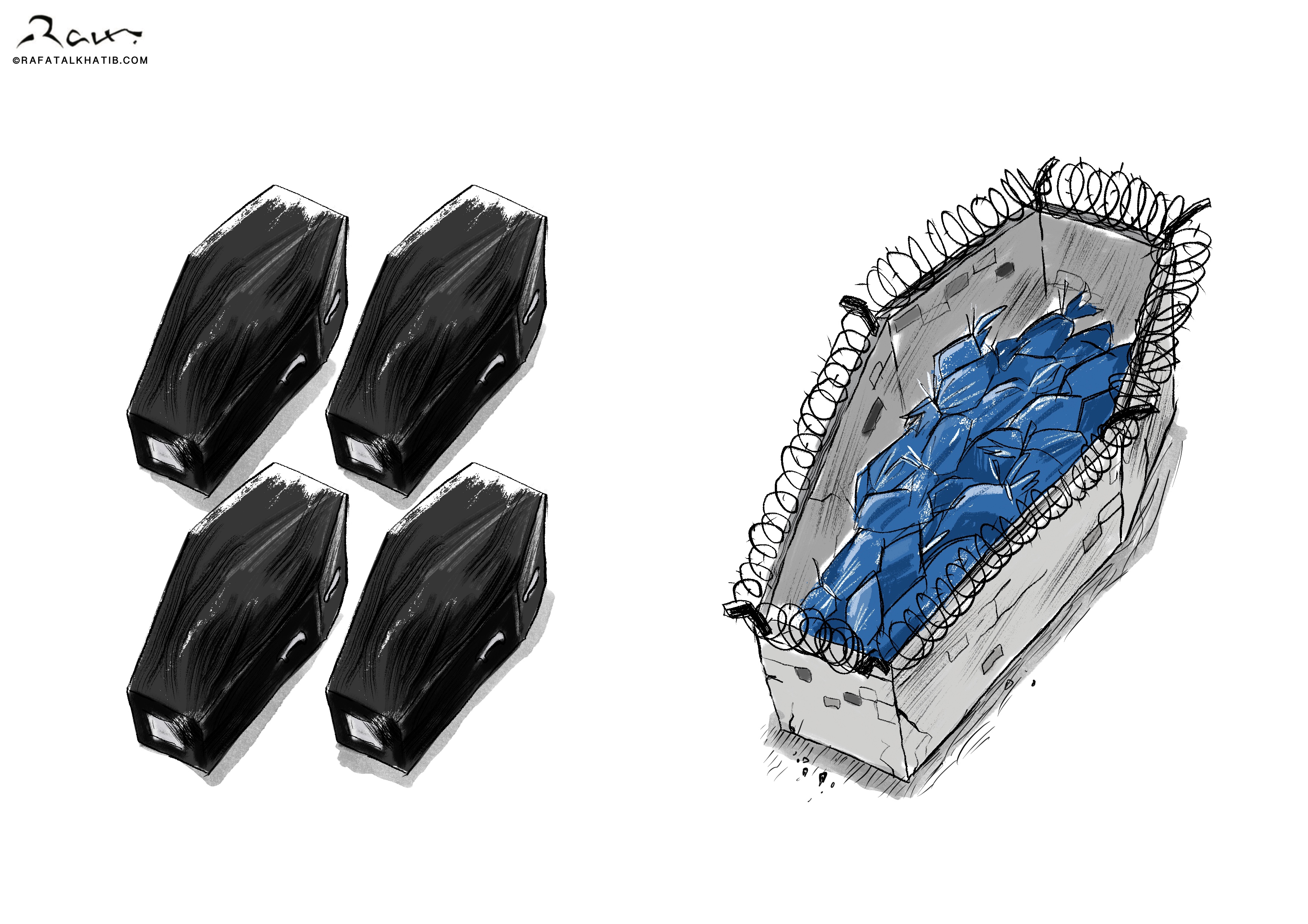 Political cartoon by Rafat Alkhatib, “Plastic Bags”, 21 February 2025.