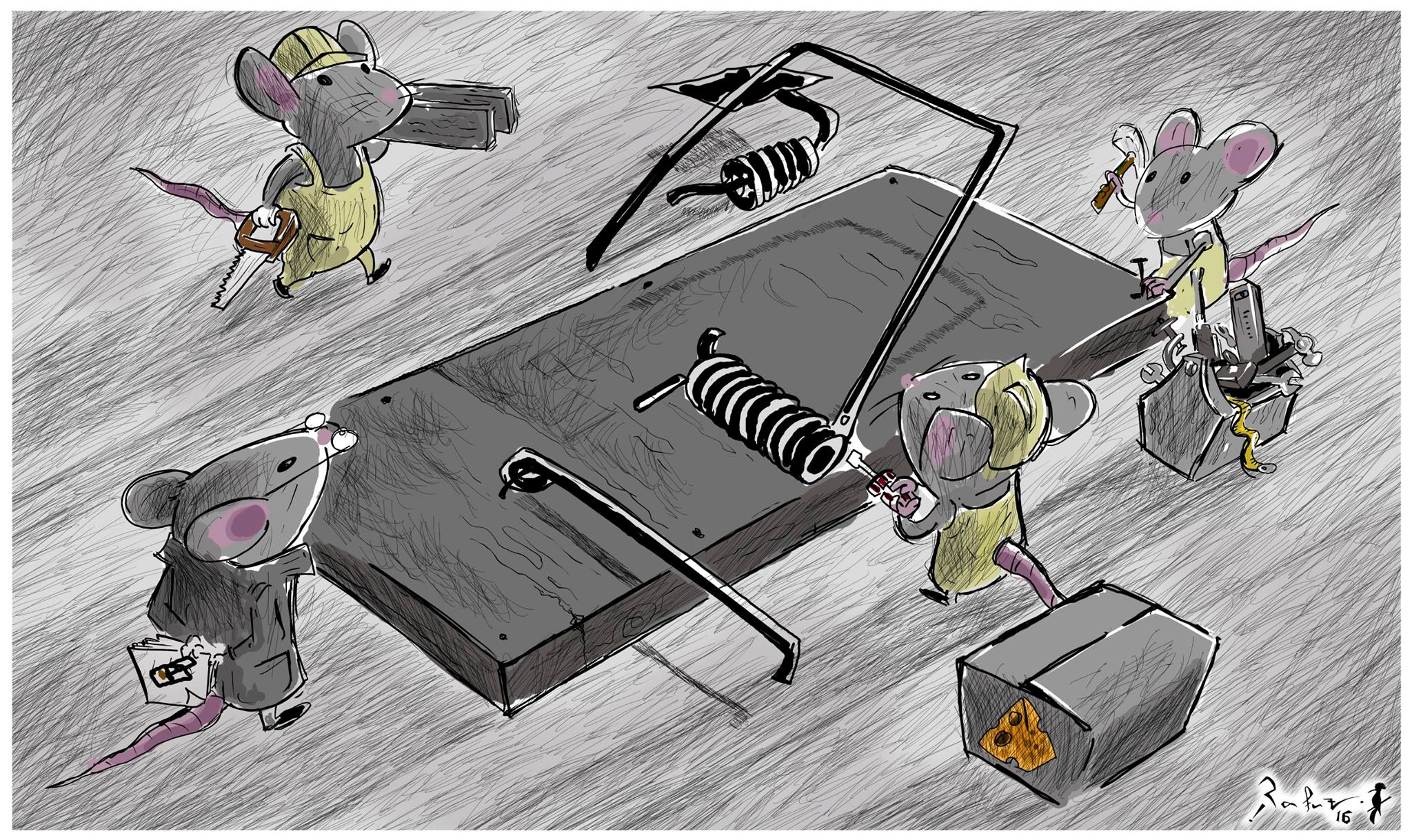 Political cartoon by Rafat Alkhatib, “Political Masochism”, 20 February 2017.