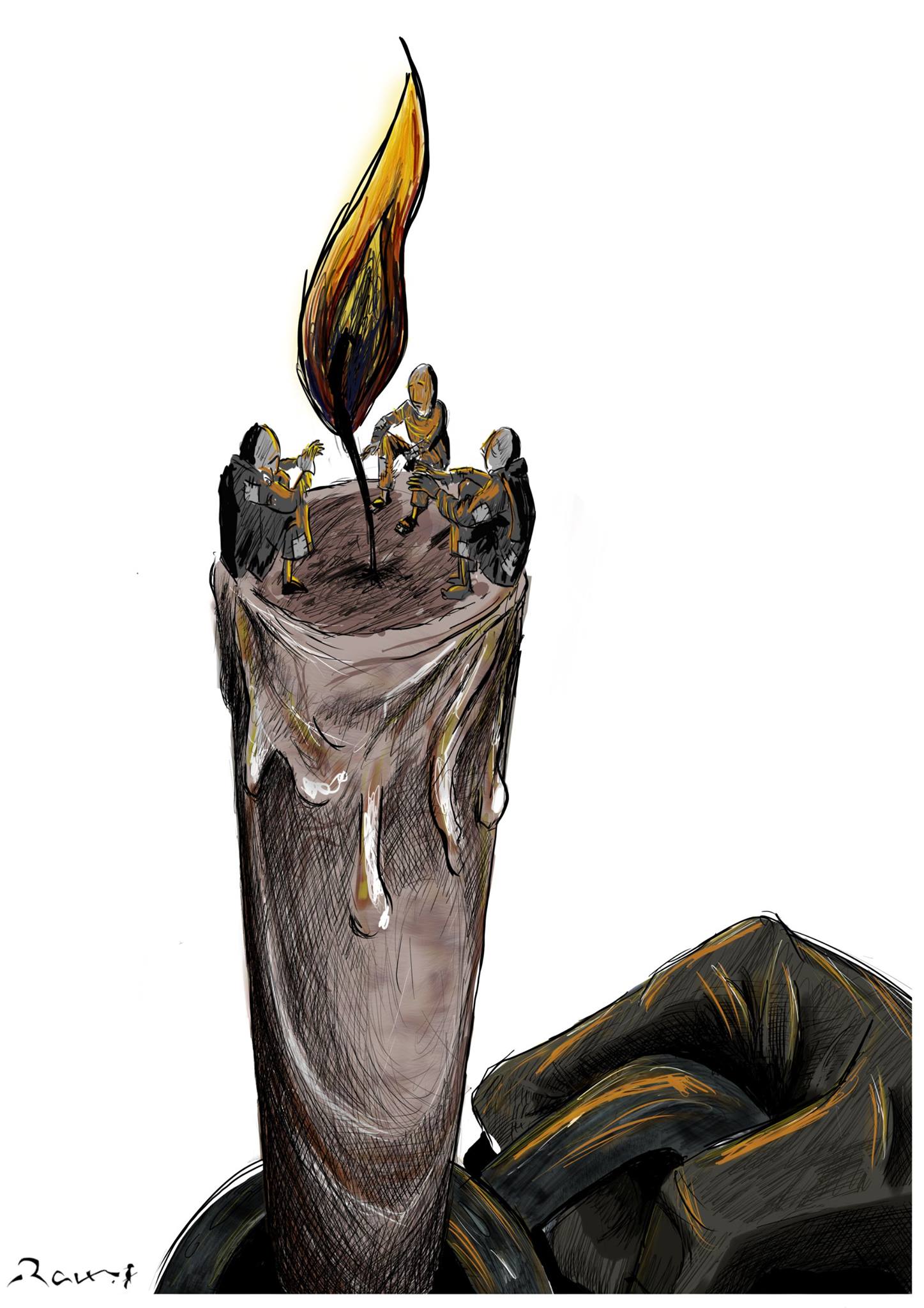 Political cartoon by Rafat Alkhatib, “Poor candle”, 5 January 2018.