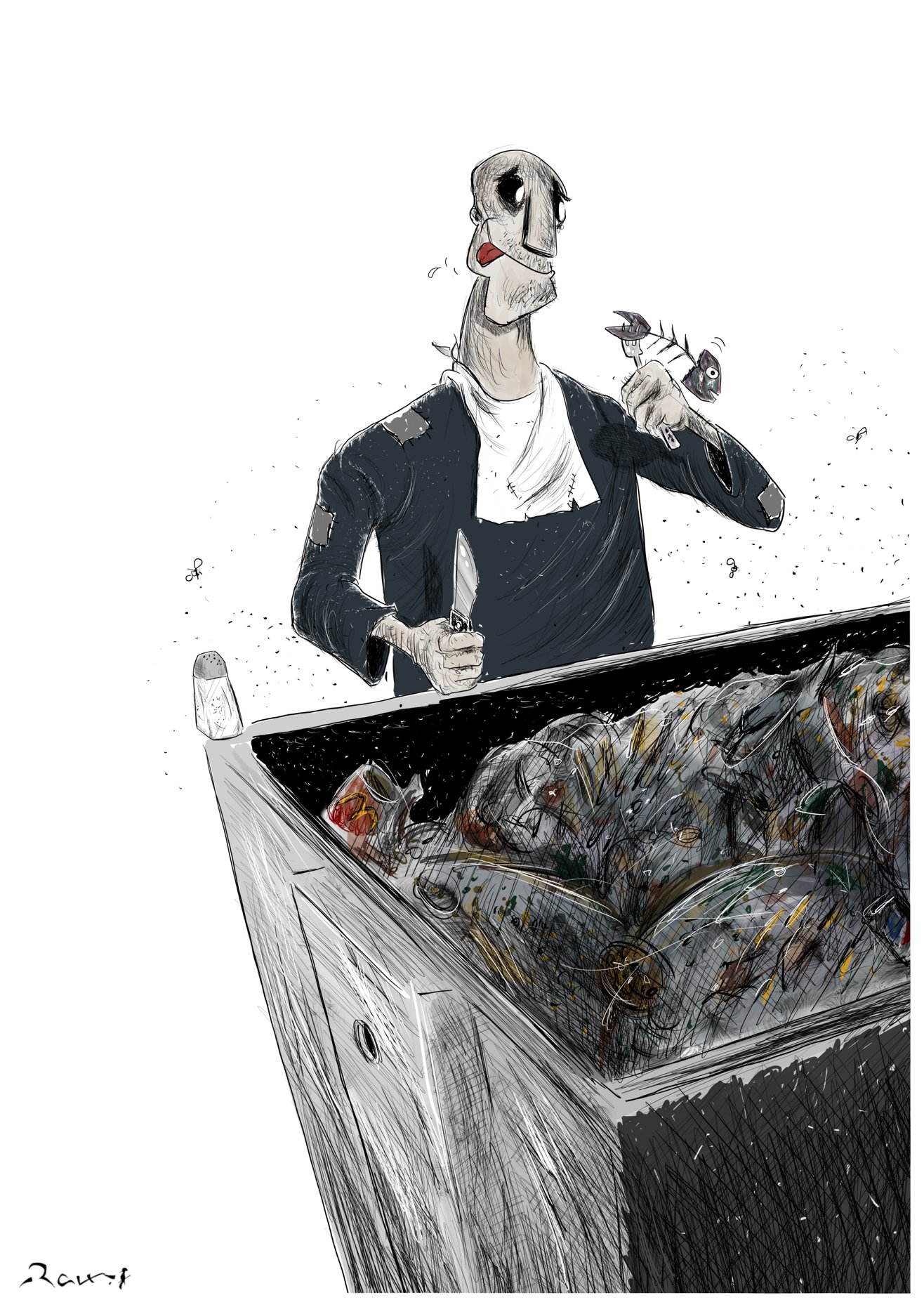 Political cartoon by Rafat Alkhatib, “Poverty Table”, 6 May 2018.