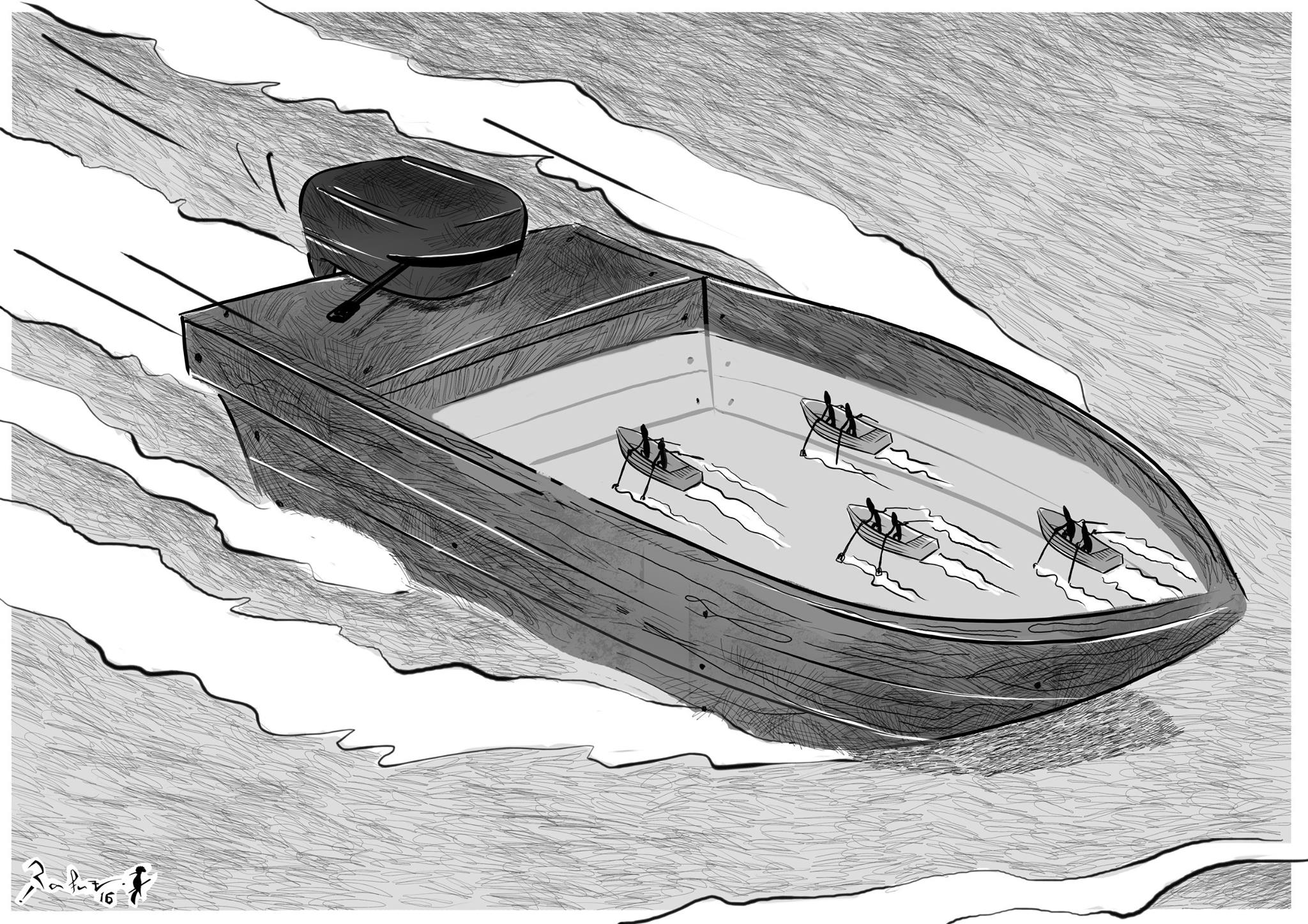 Political cartoon by Rafat Alkhatib, “Racing against destiny”, 2016.