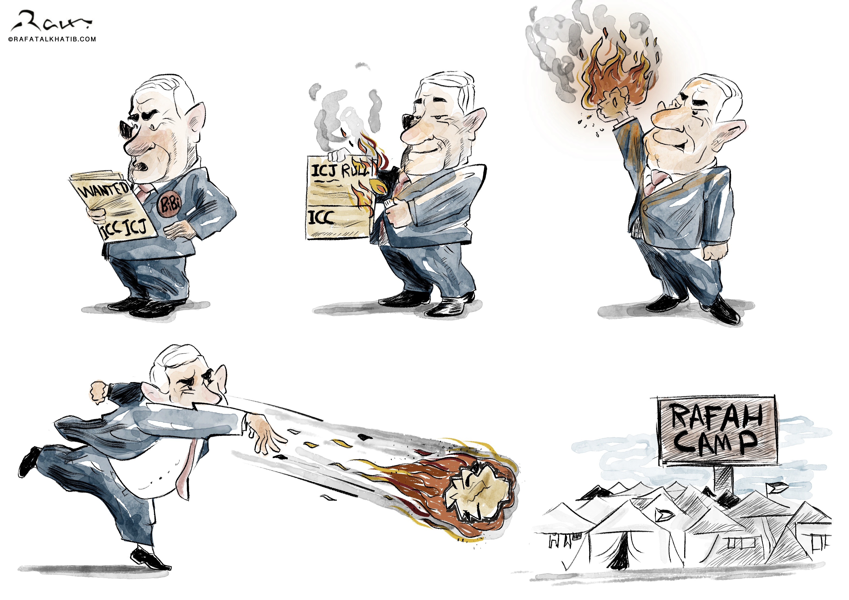 Political cartoon showing the Prime Minister of Israel Benjamin Netanyahu ignoring ICJ arrest warrants and engaging in war crimes. The sequence depicts him burning the ICJ rulings and launching a fiery attack towards Rafah camp, illustrating the ongoing violence and disregard for international law.
