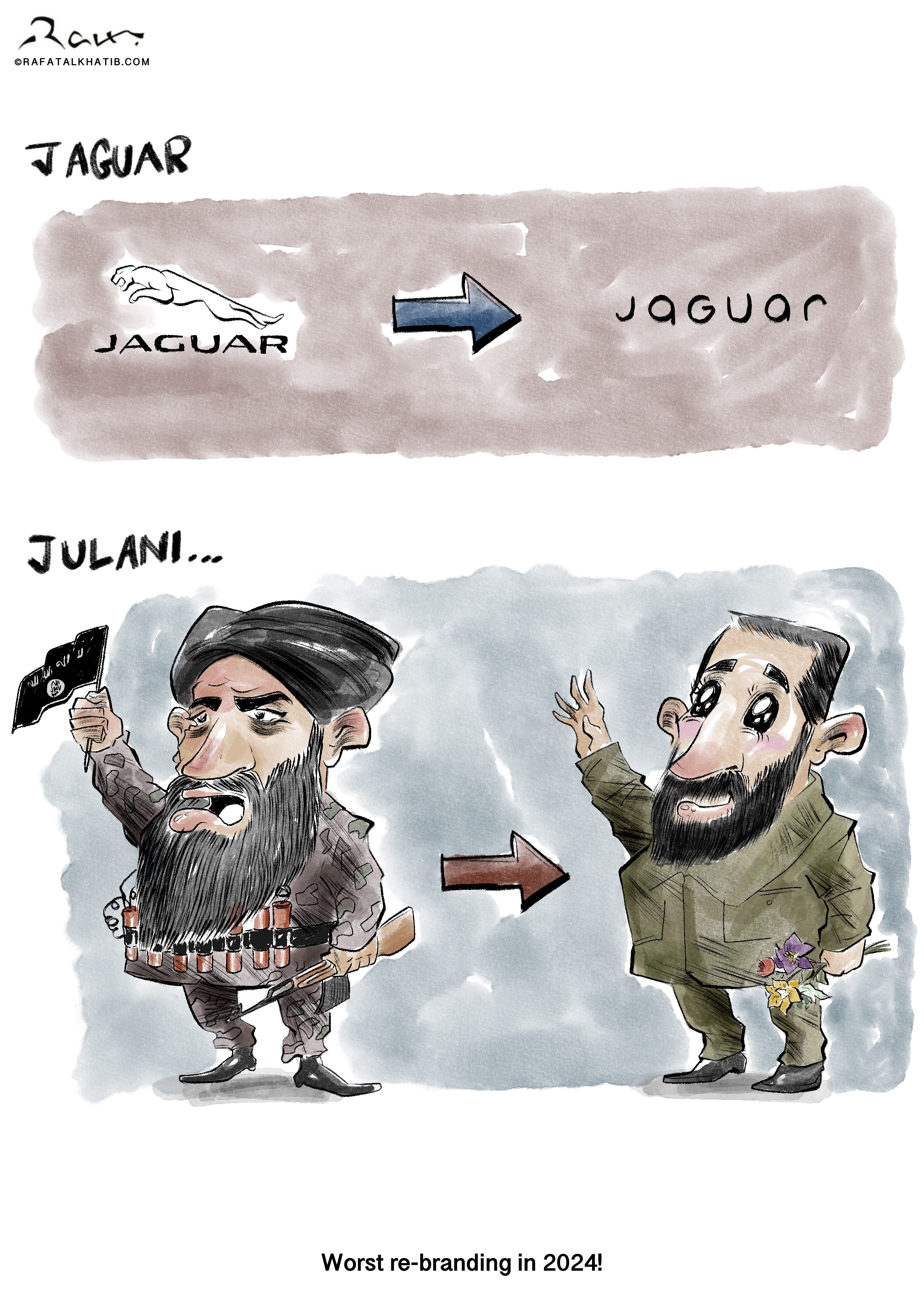 Political cartoon by Rafat Alkhatib, “Re branding”, 10 December 2024.