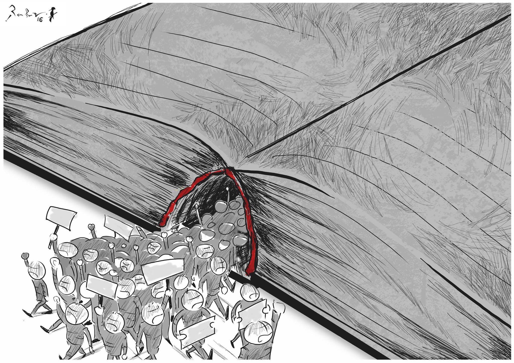 Political cartoon by Rafat Alkhatib, “Readers are Leaders”, 10 March 2016.