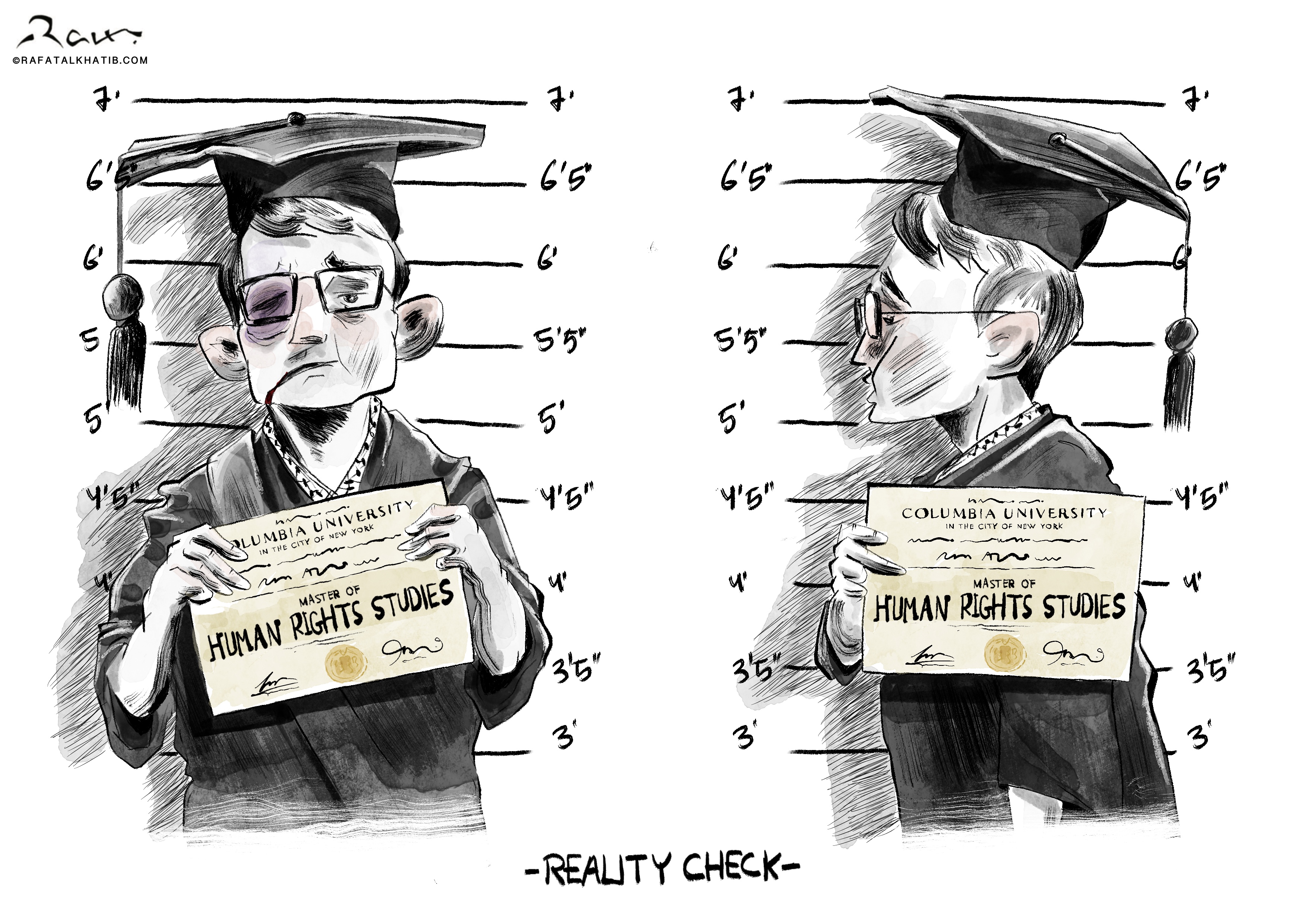 Satirical cartoon titled ‘Reality Check’ depicting a Columbia University student in a graduation cap and gown, holding a degree in Human Rights Studies, and shown in a prison mug shot. The image highlights the ironic and harsh reality of being arrested for human rights activism while studying the subject.