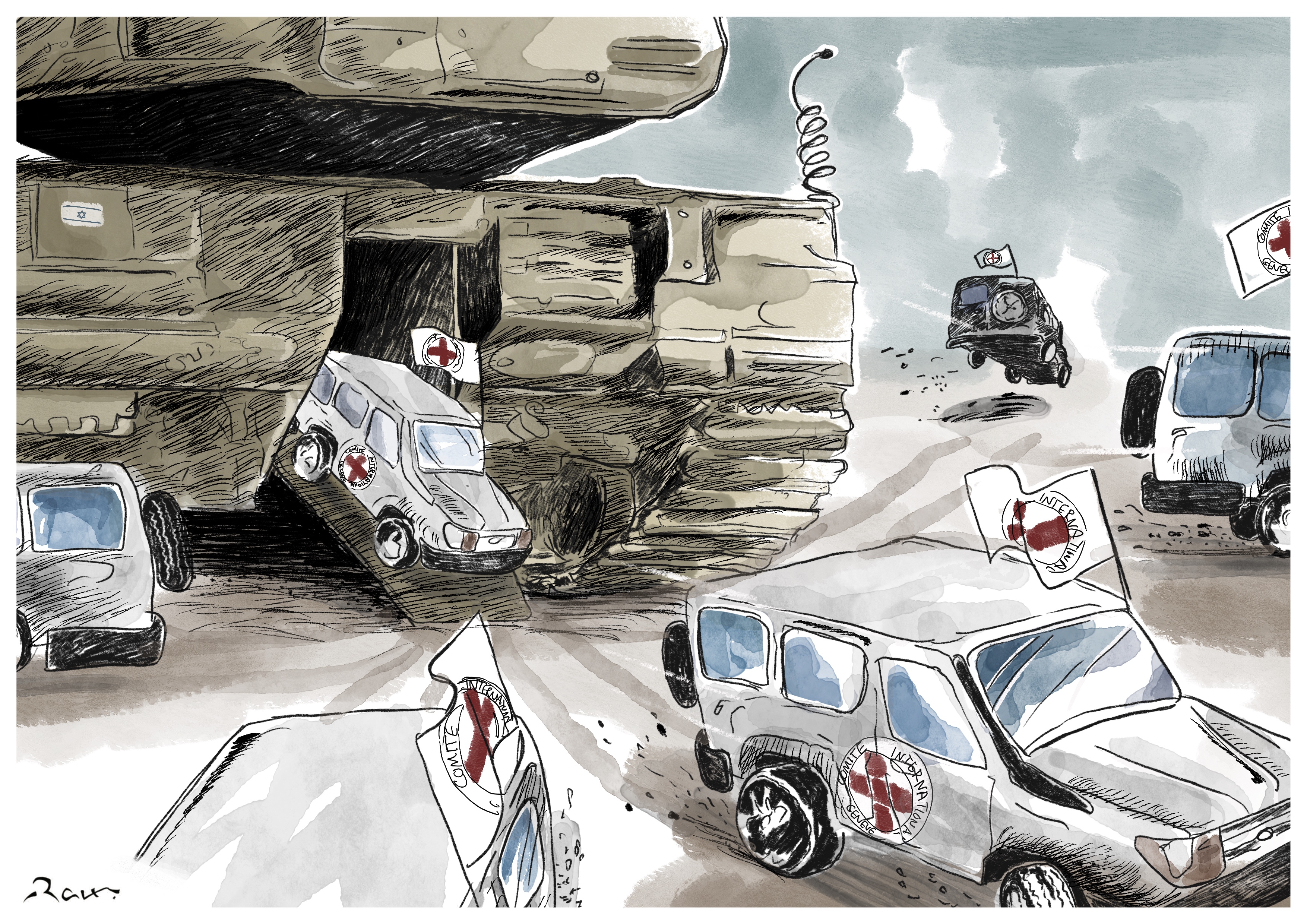 Political cartoon by Rafat Alkhatib, “Red Cross in Gaza”, 5 December 2023.
