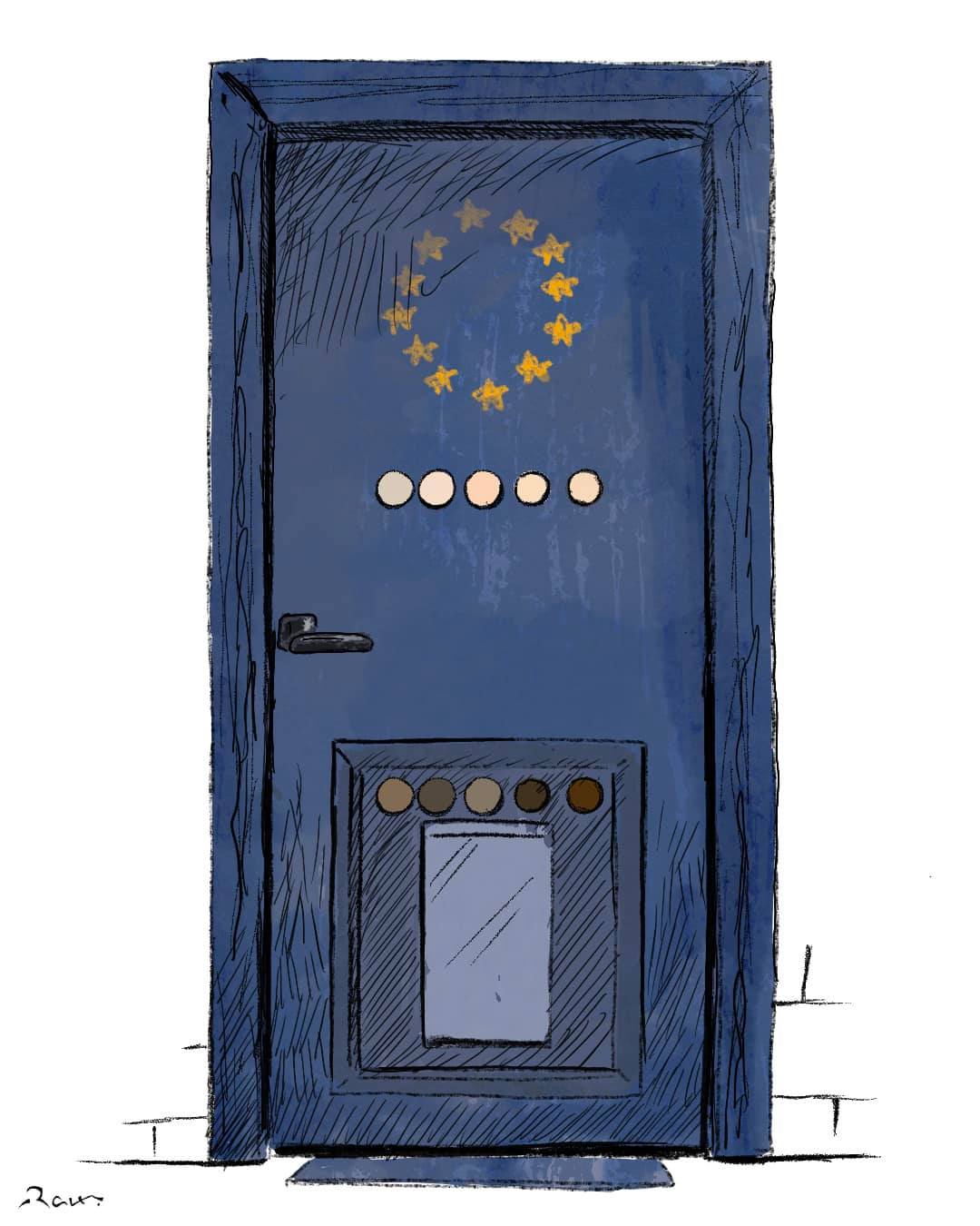 Political cartoon by Rafat Alkhatib, “Refugees double standards”, 28 February 2022.